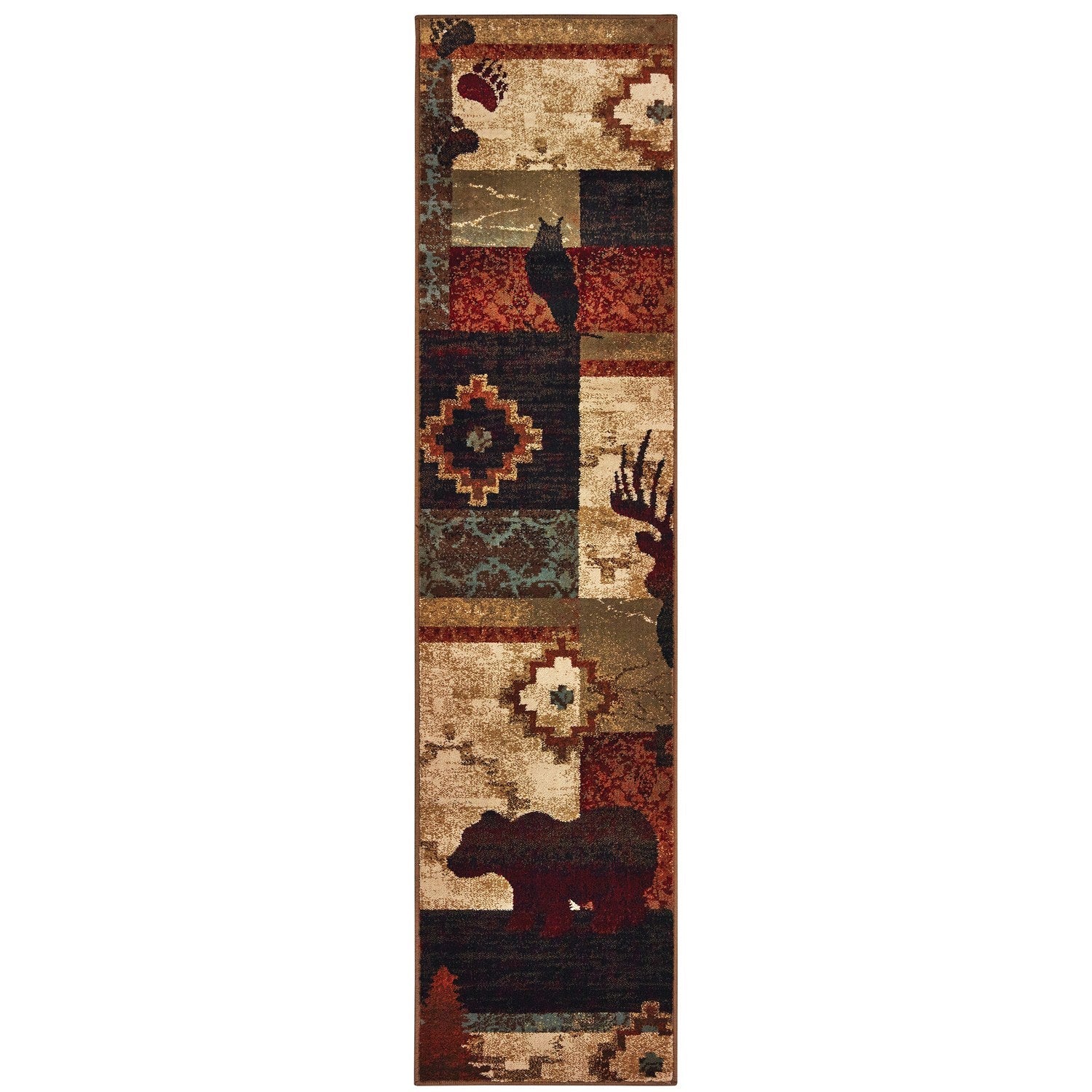 Woodlands Mountain Wildlife Brown Rust Cabin Lodge Rug - Woodlands 9649A #_shape=Runner