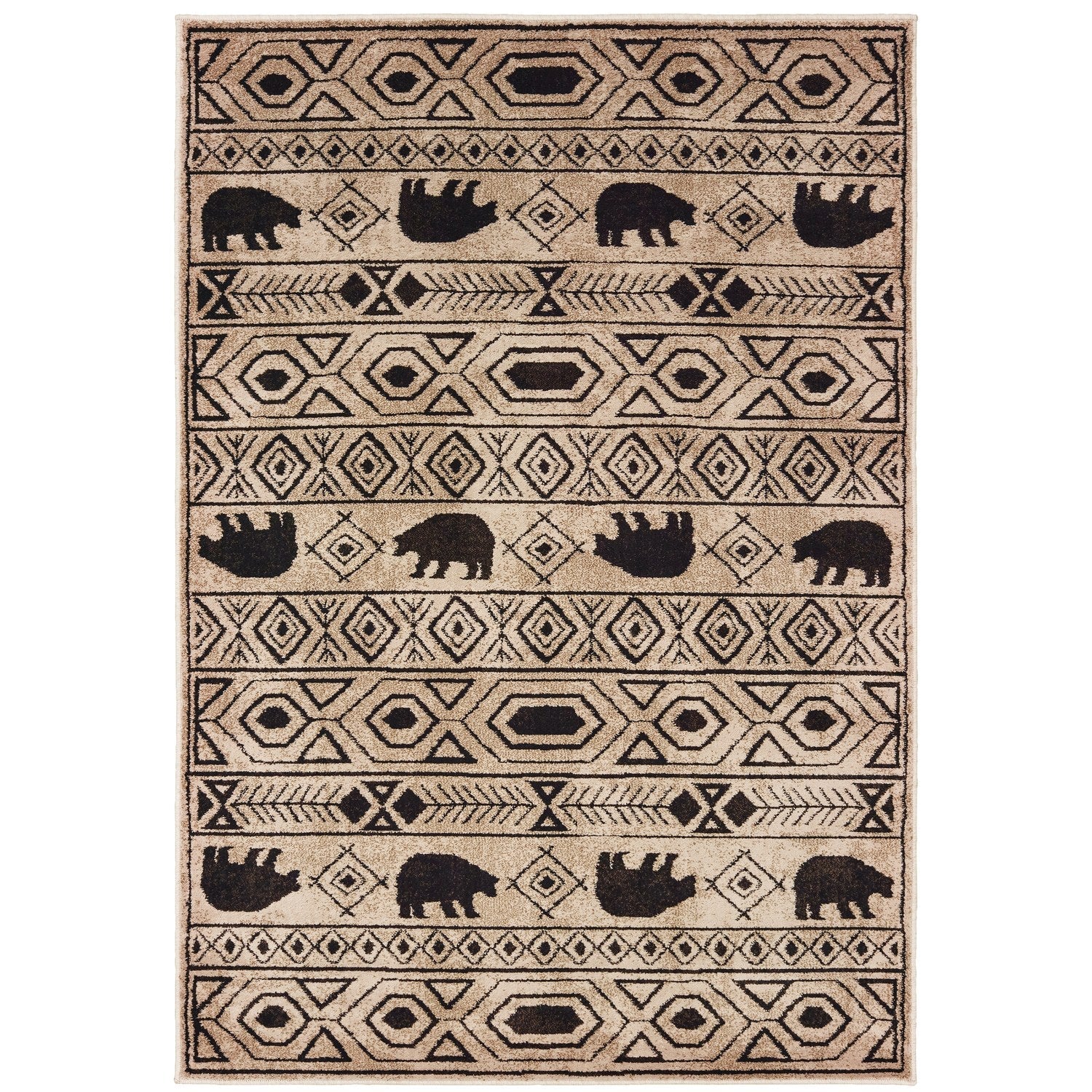 Woodlands Bear Stripe Ivory Black Cabin Lodge Rug - Woodlands 9651A #_shape=Rectangle