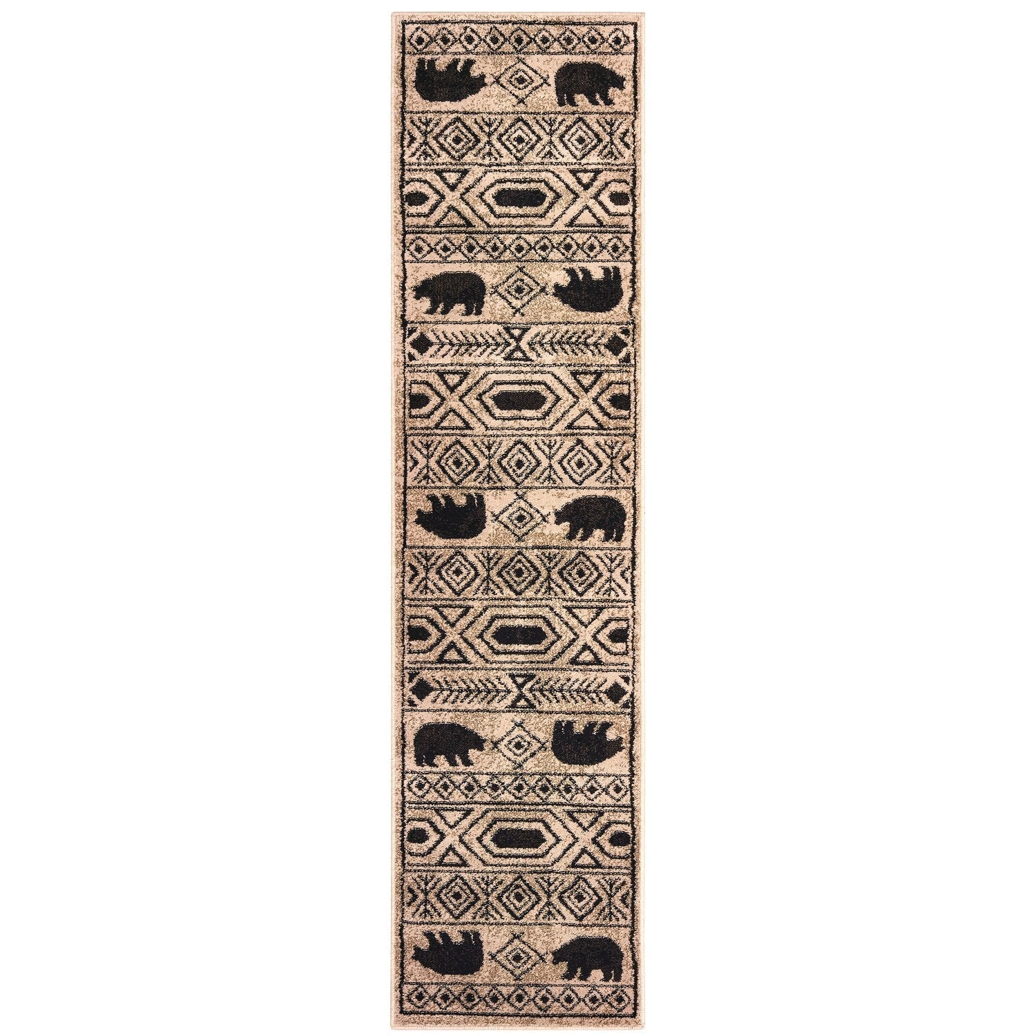Woodlands Bear Stripe Ivory Black Cabin Lodge Rug - Woodlands 9651A #_shape=Runner