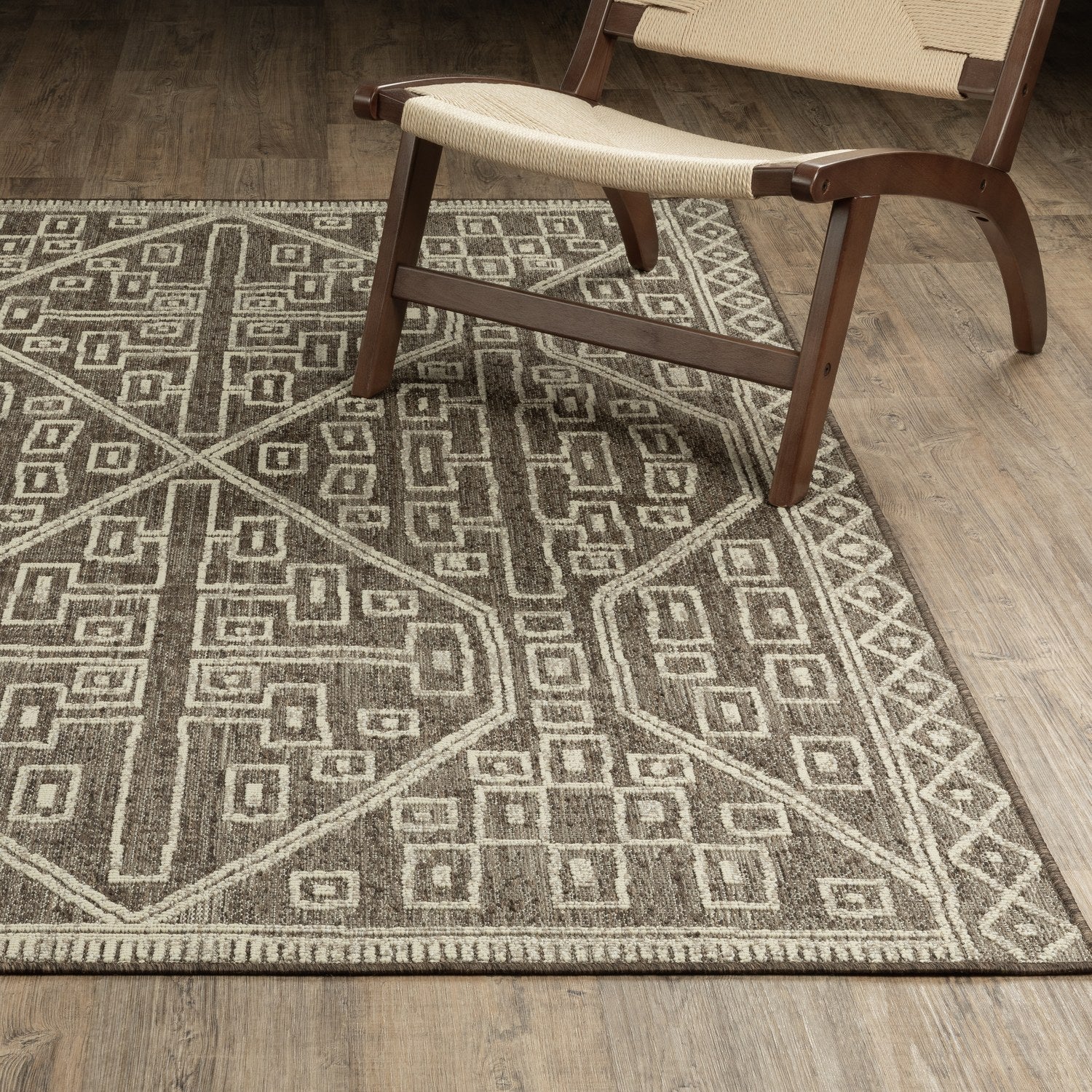 Zarina Tribal Geometric Brown Jute Look Indoor Outdoor Rug - Zarina ZAR07