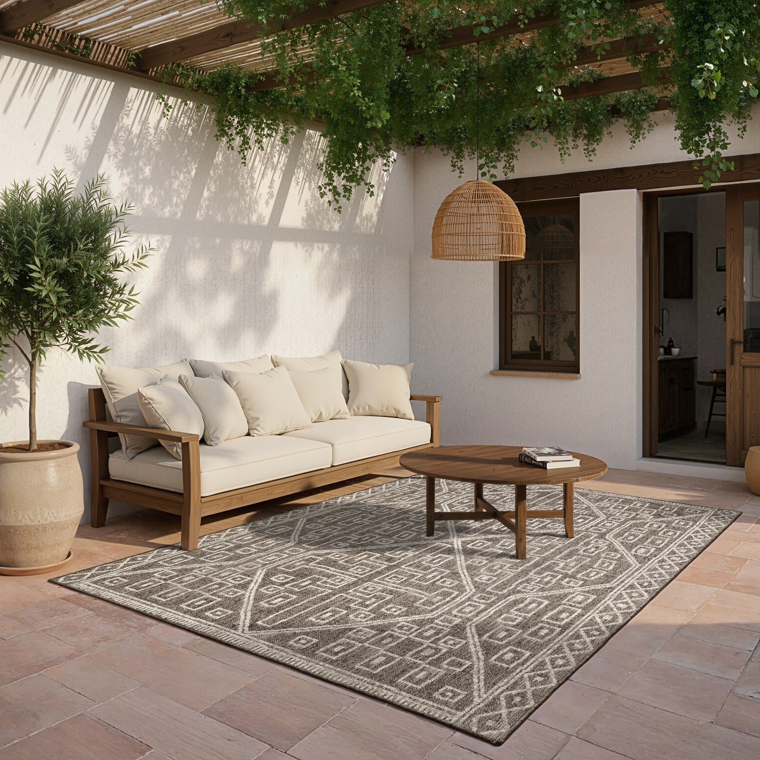 Zarina Tribal Geometric Brown Jute Look Indoor Outdoor Rug - Zarina ZAR07