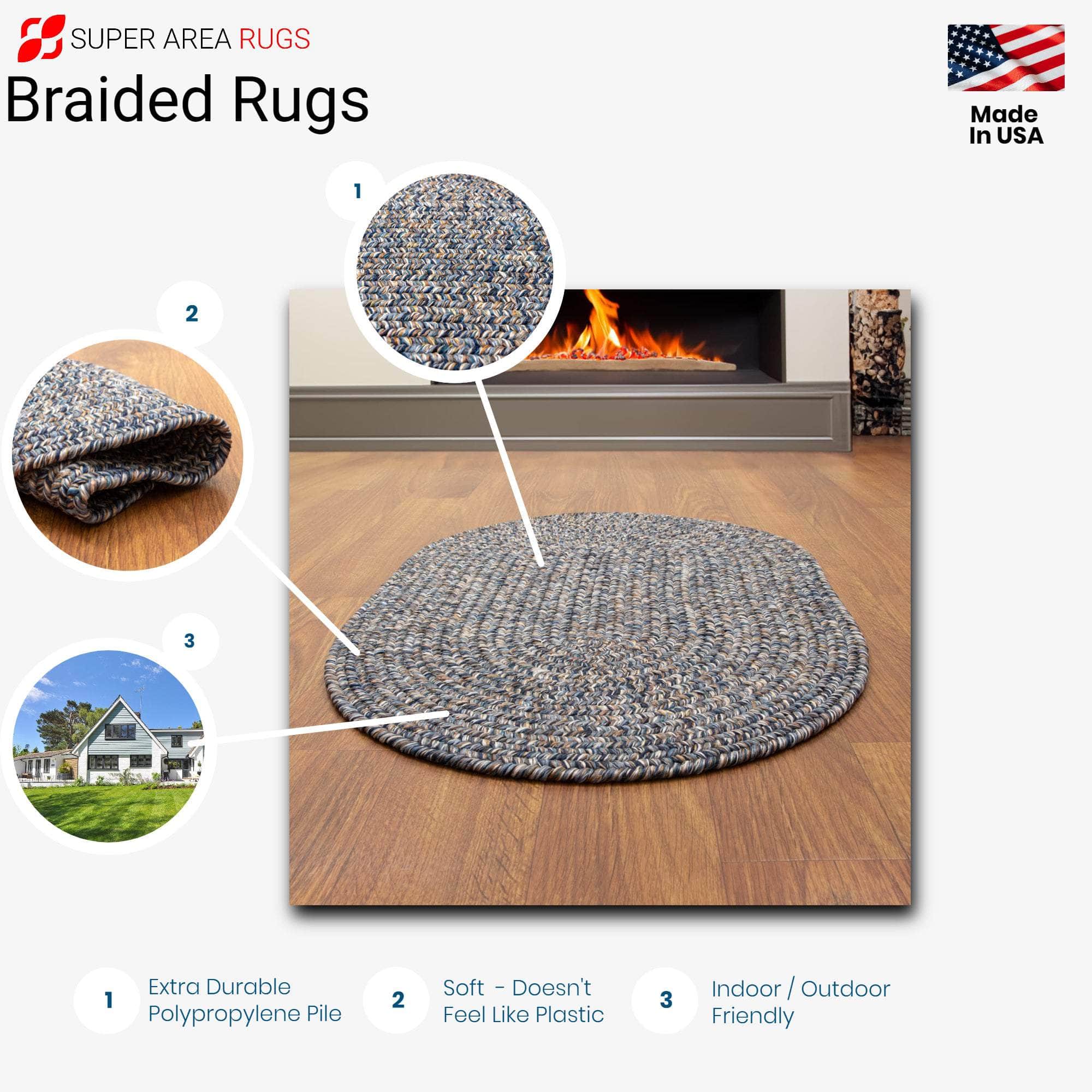 Blue Farmhouse Rug - Washable Indoor/Outdoor -Primitive Braided Rugs - Made in USA