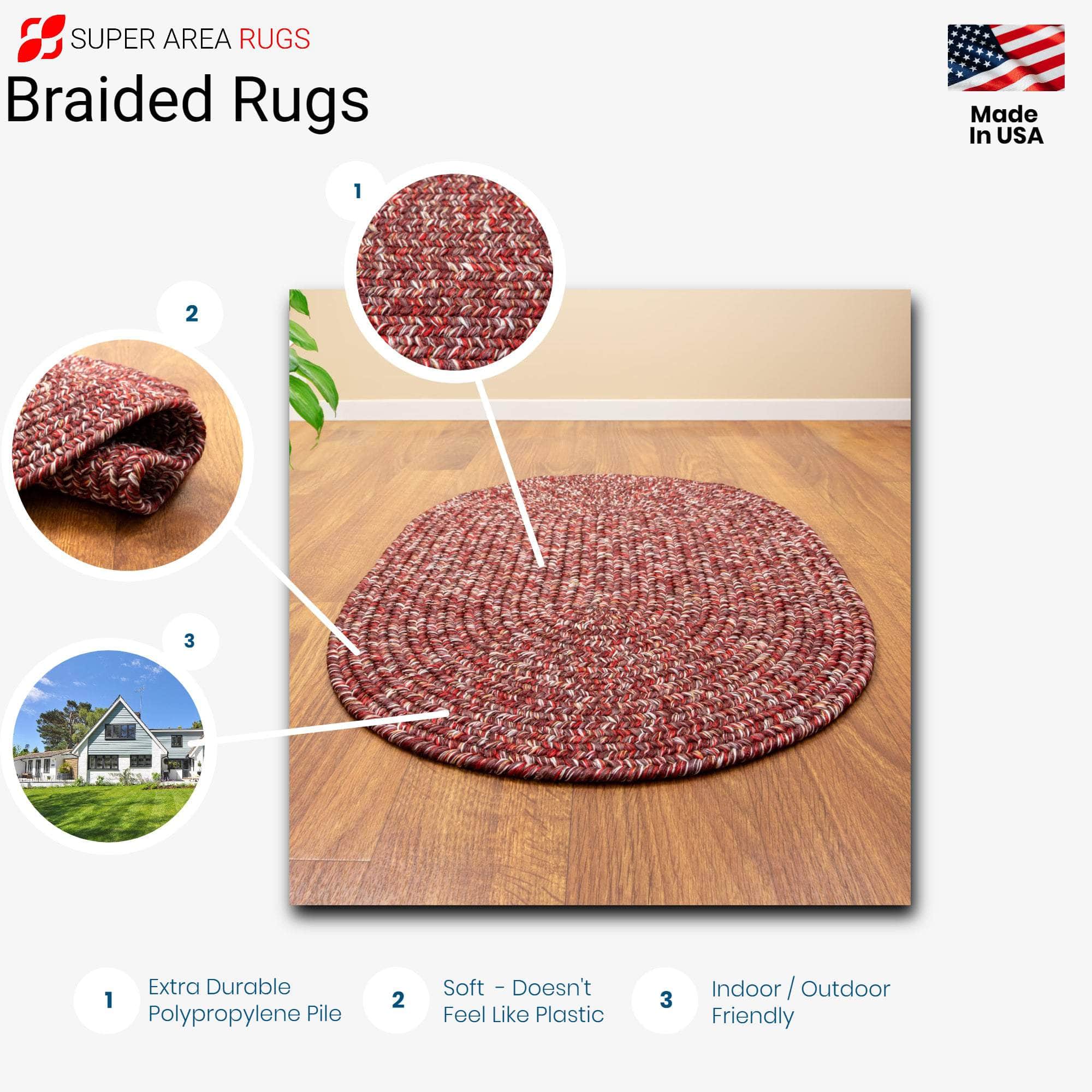 Red Farmhouse Rug - Washable Indoor/Outdoor -Primitive Braided Rugs - Made in USA