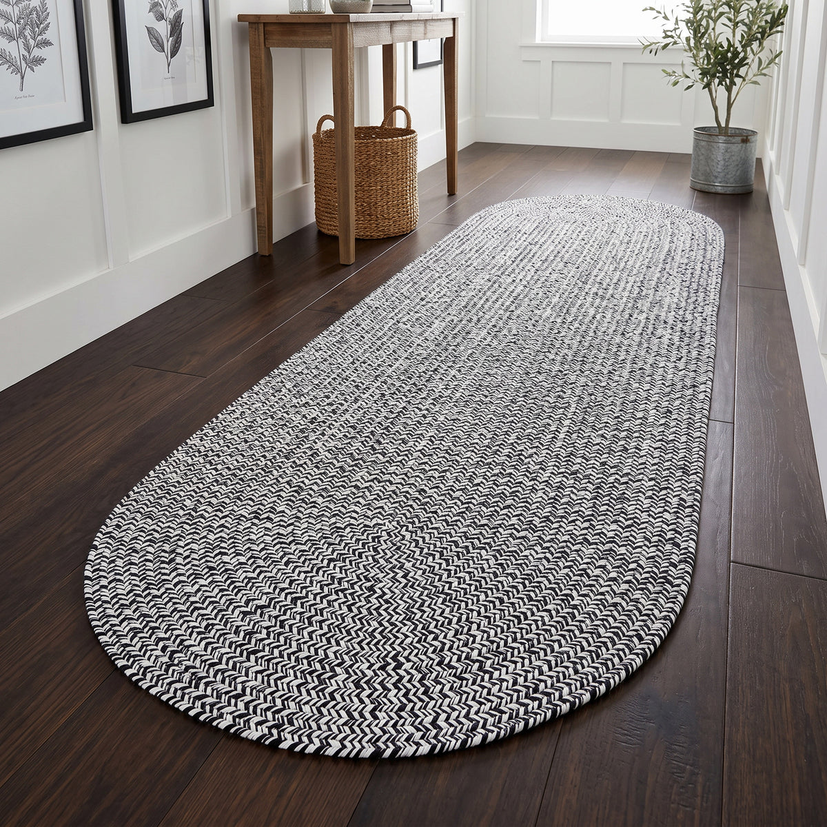 Rustica black and white braided cotton rug, 2x6 oval runner in a farmhouse hallway #size_2' x 6' Oval Runner