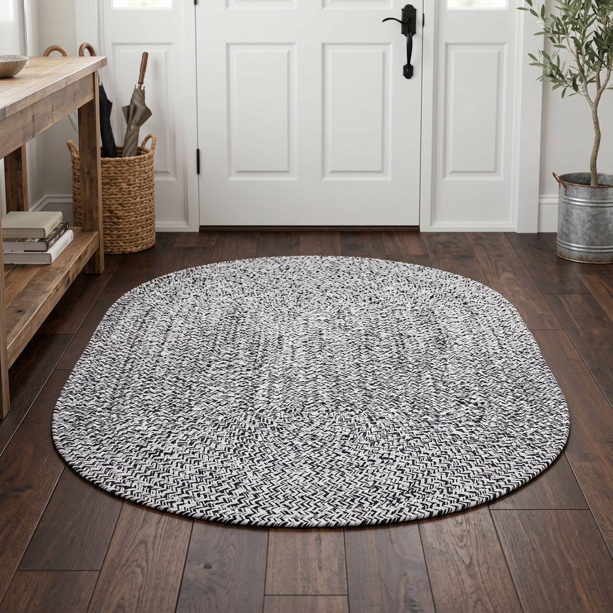 Rustica black and white braided cotton rug, 3x5 oval in a farmhouse entryway #size_3' x 5' Oval