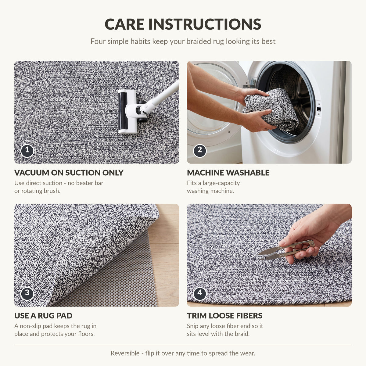 Rustica braided rug care instructions - vacuum, machine wash, rug pad, trim loose fibers