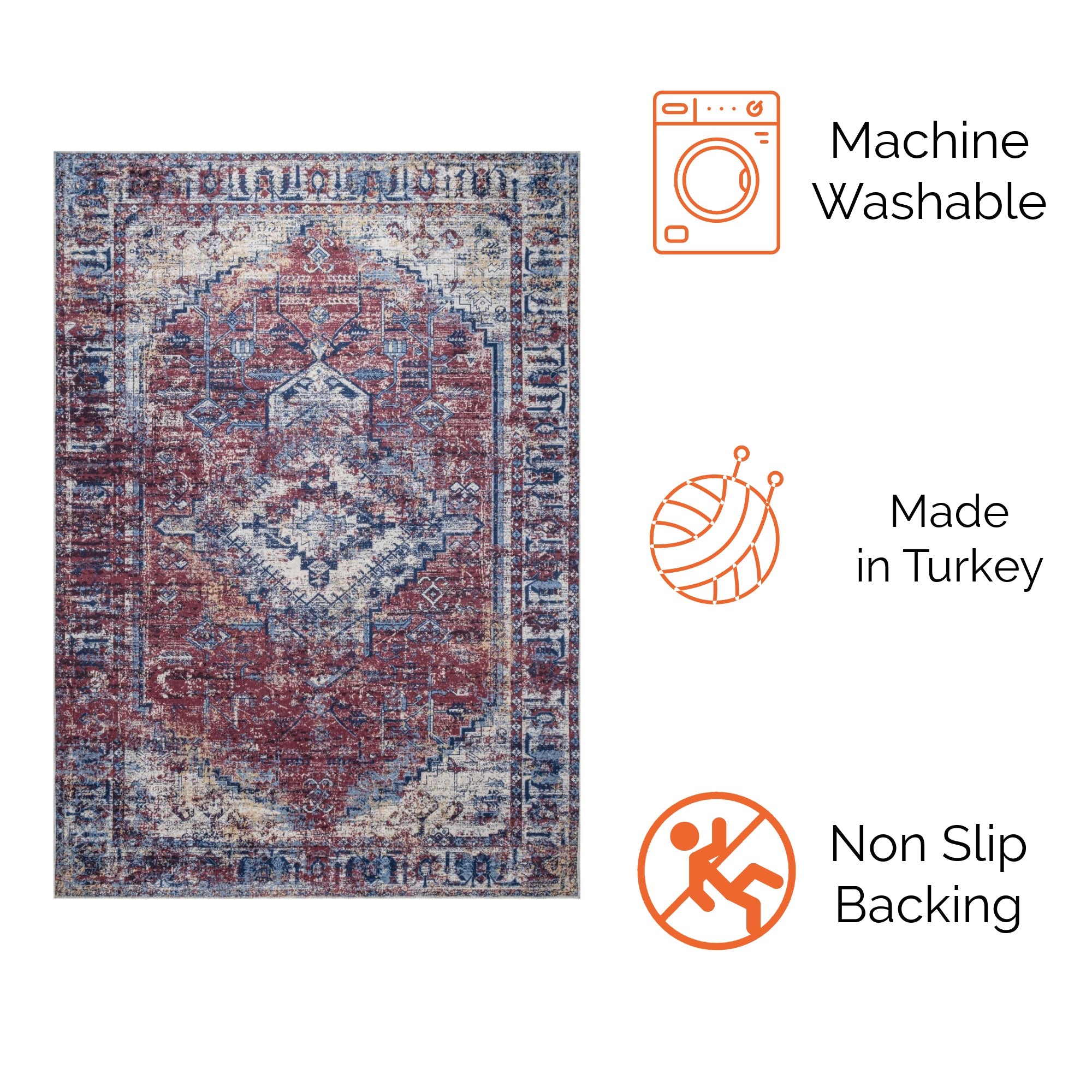 Red Bursa machine washable area rug 5' x 7' - machine washable, made in Turkey, non-slip backing