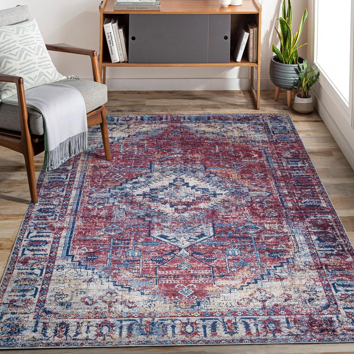 Red Bursa machine washable area rug 4' x 6' - styled in a living room