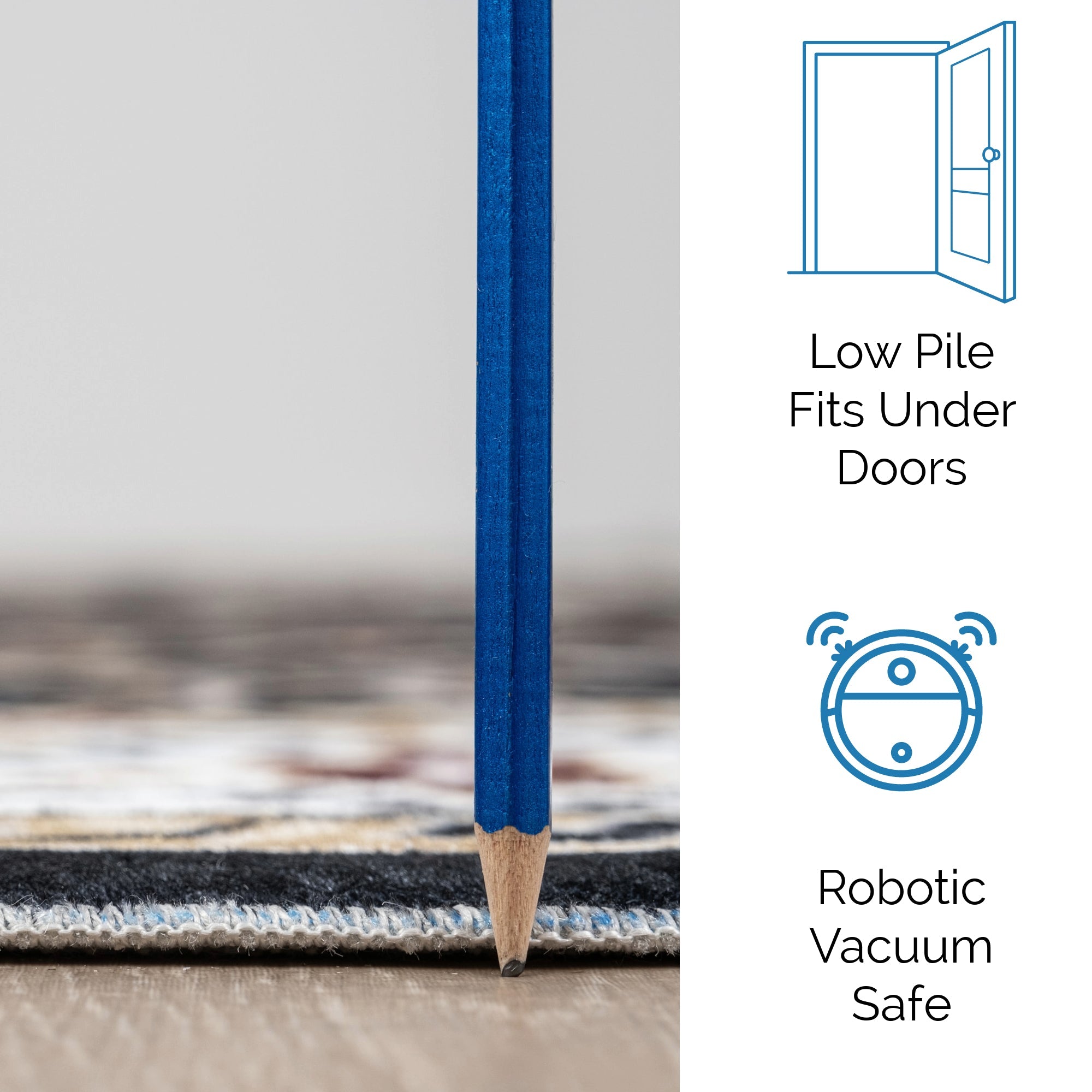Black Bursa machine washable area rug 4' x 6' - low pile fits under doors, robotic vacuum safe