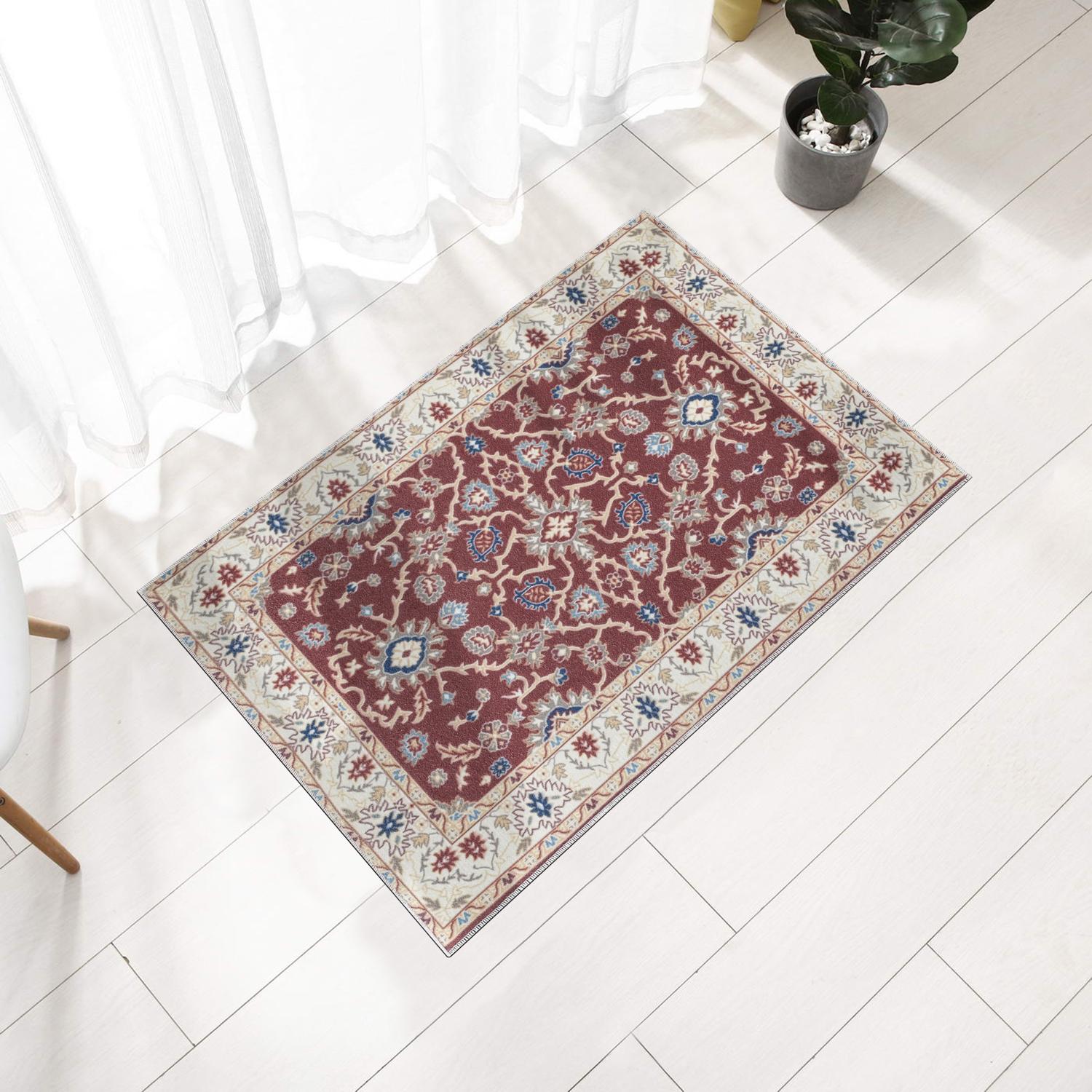Burgundy Bursa machine washable area rug 2' x 3' - styled in a room