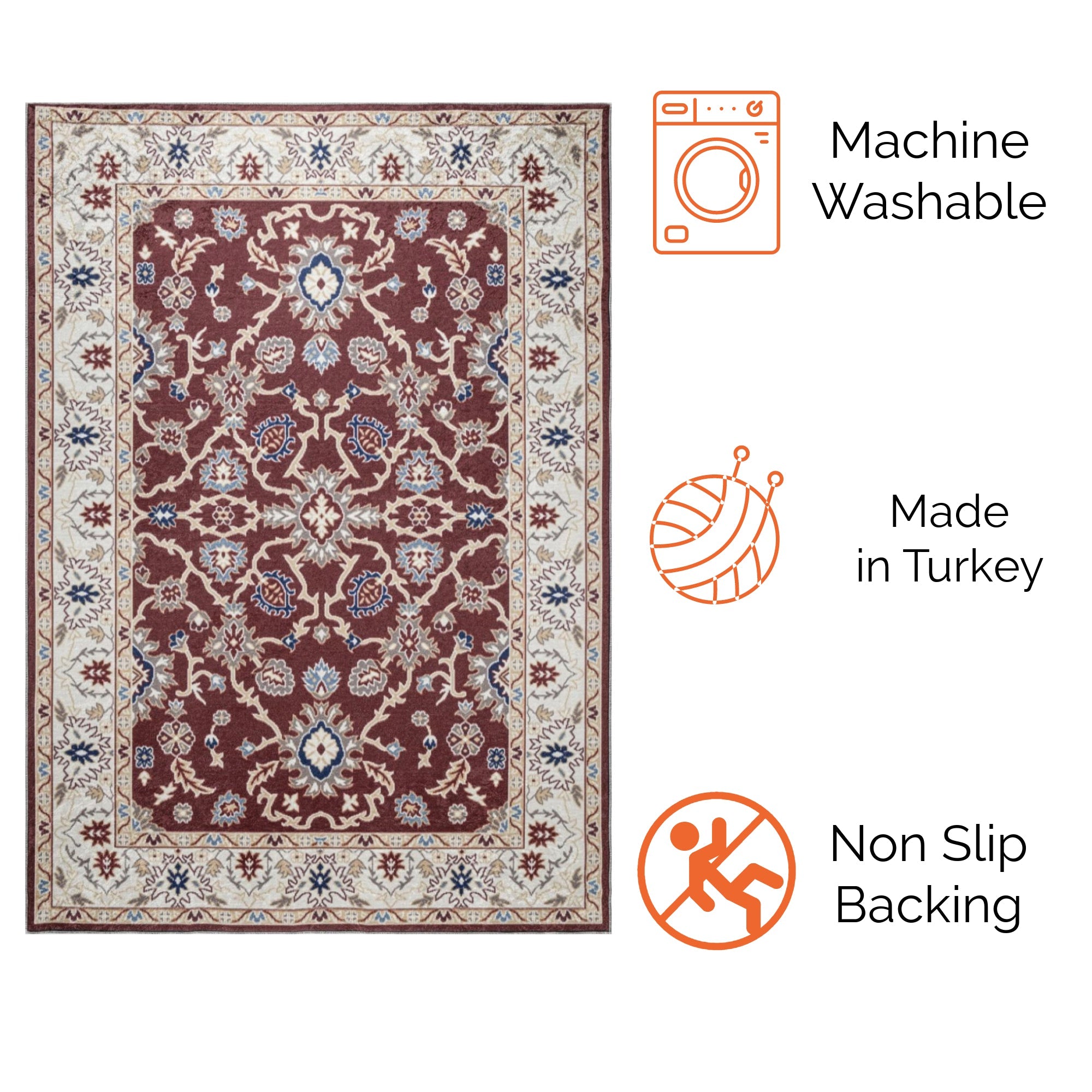 Burgundy Bursa machine washable area rug 5' x 7' - machine washable, made in Turkey, non-slip backing