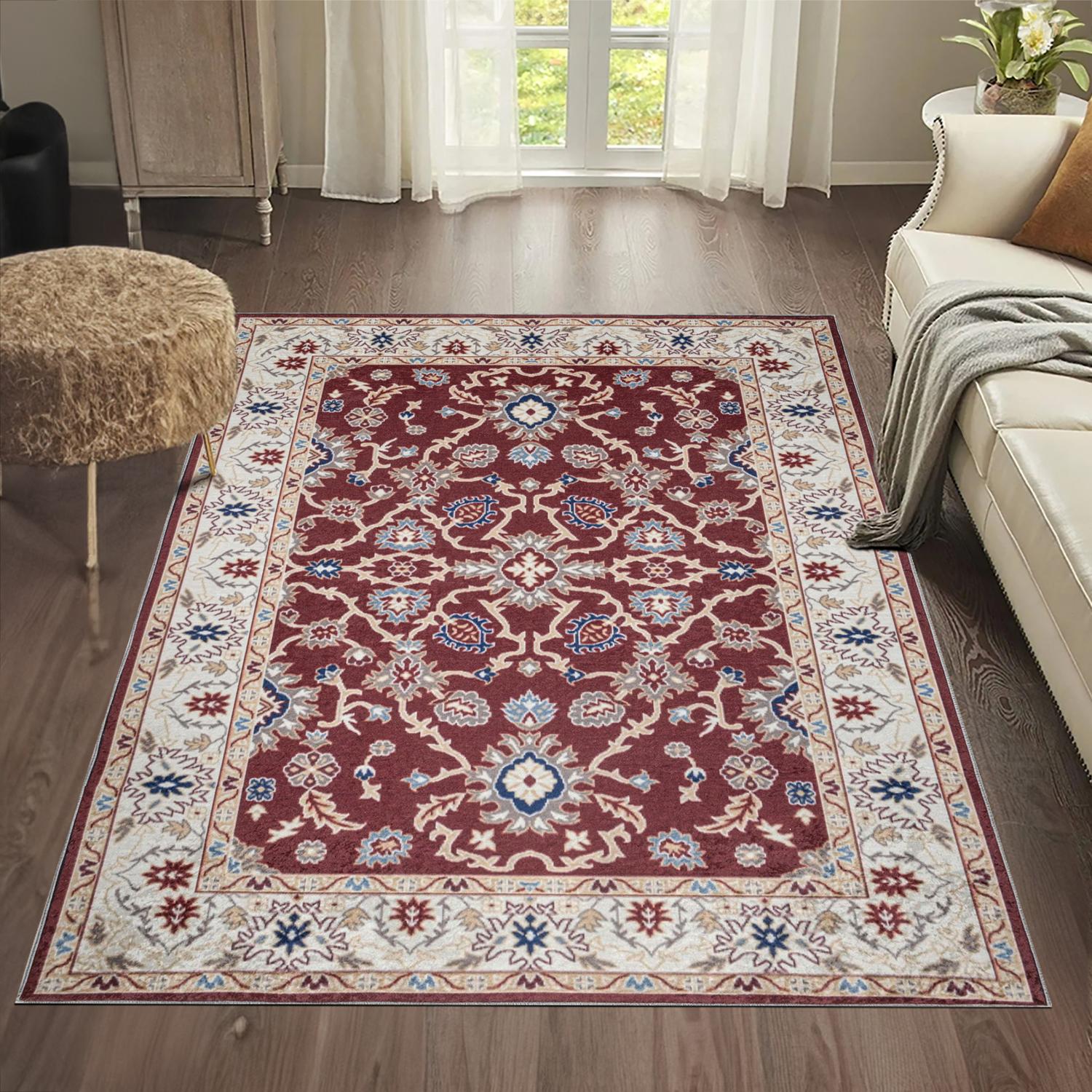 Burgundy Bursa machine washable area rug 2' x 3' - styled in a room setting