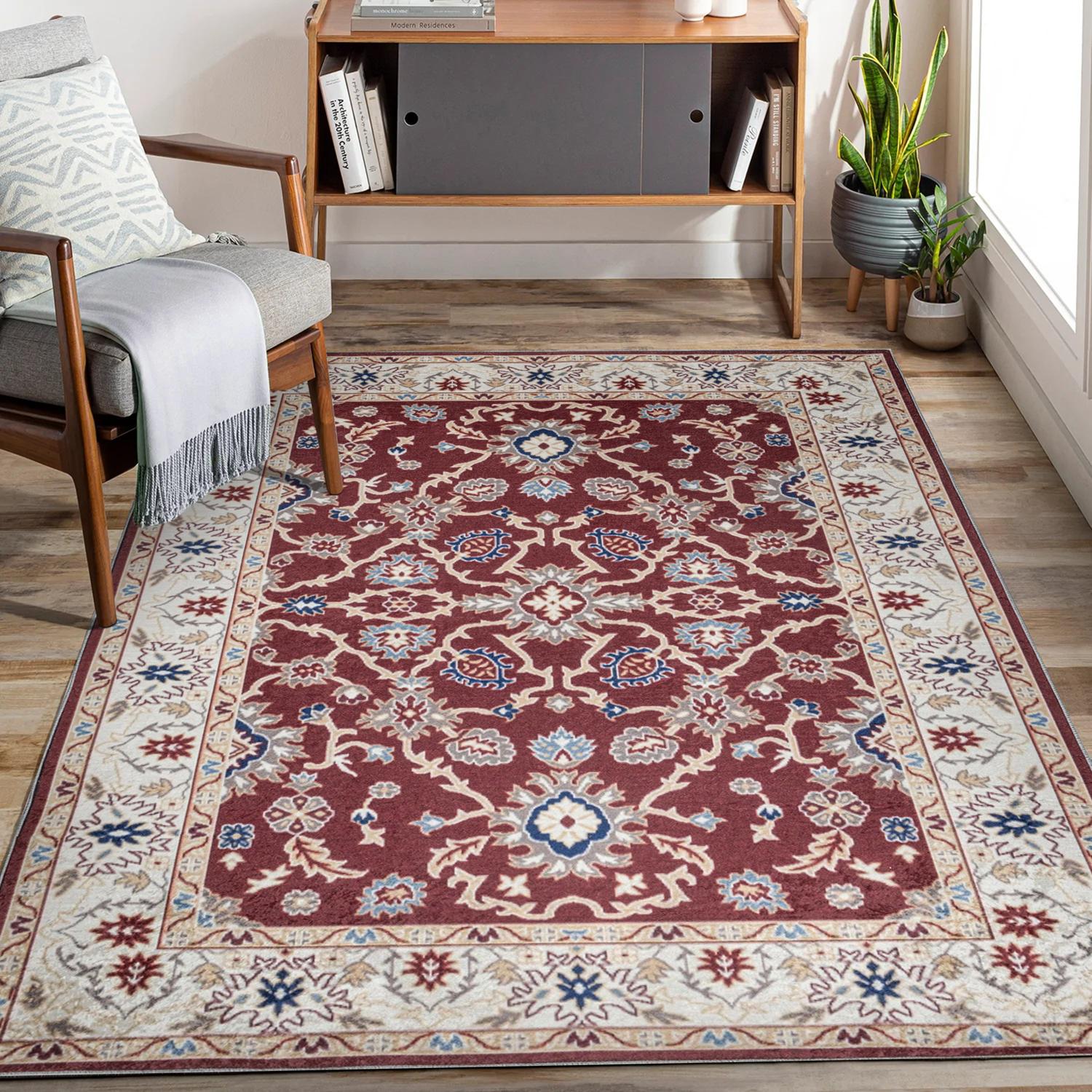 Burgundy Bursa machine washable area rug 2' x 3' - styled in a living room