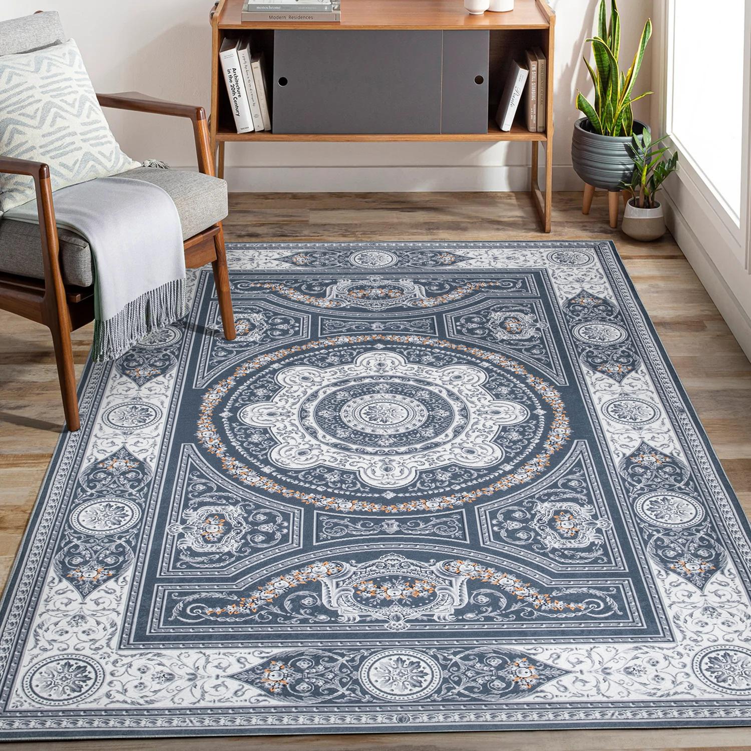 Gray Bursa machine washable area rug 4' x 6' - styled in a living room