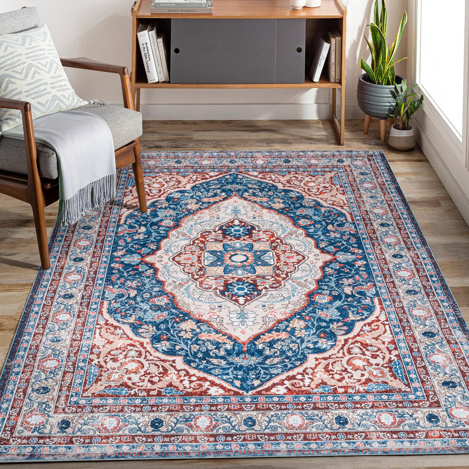 Peach Bursa machine washable area rug 2' x 3' - styled in a living room