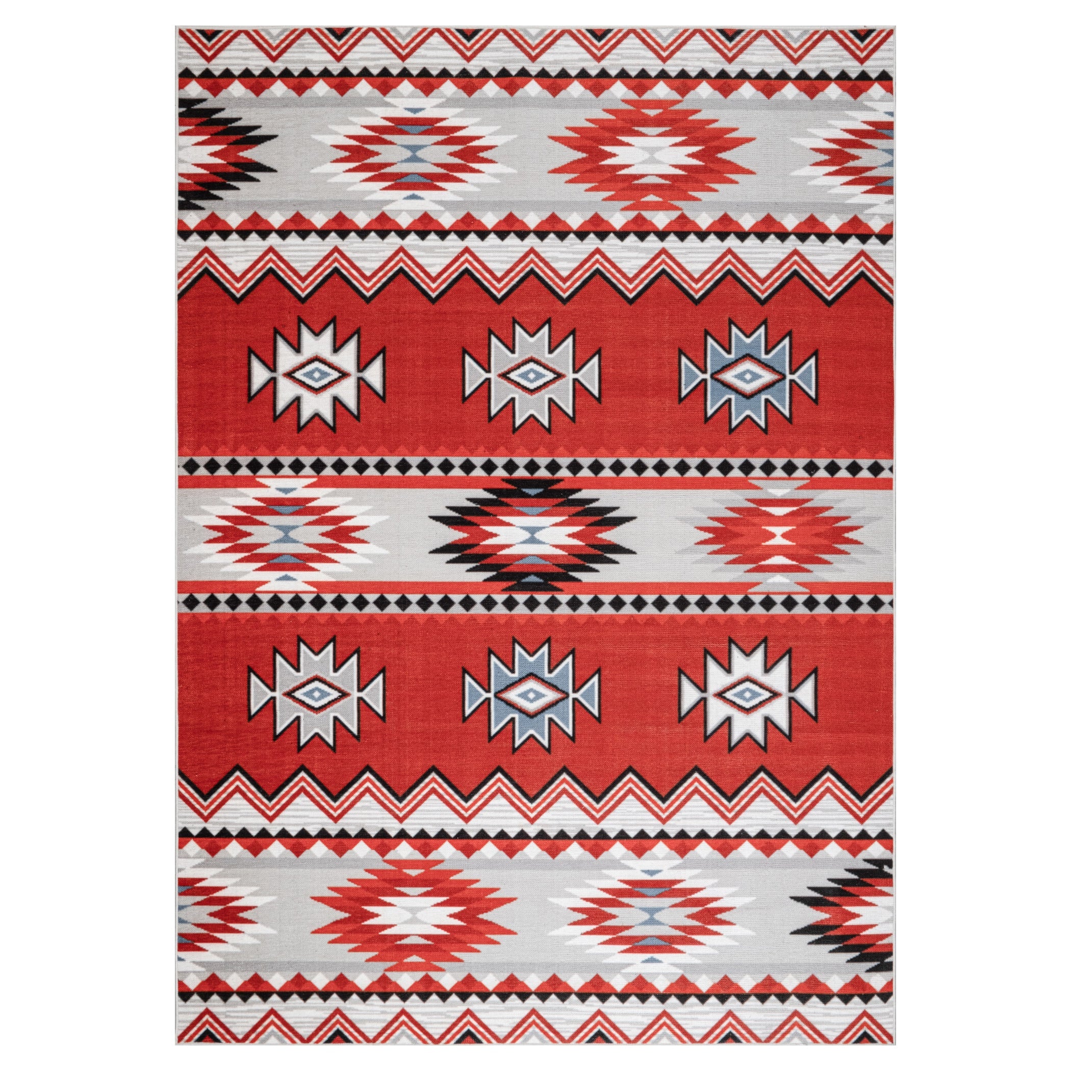 Red Konya machine washable area rug 4' x 6' - flat overhead view