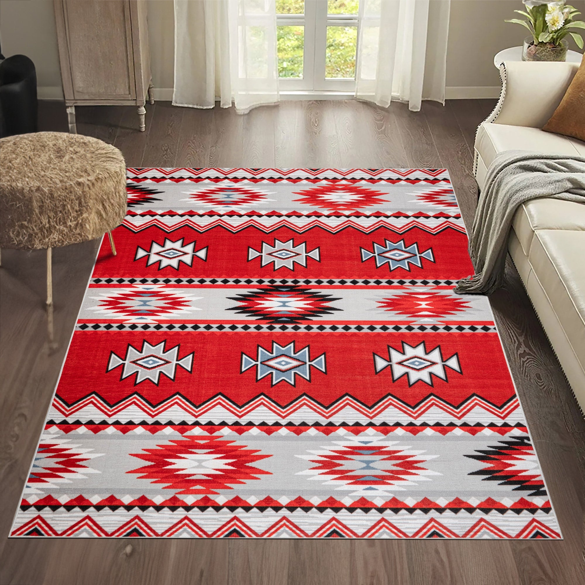 Red Konya machine washable area rug 4' x 6' - styled in a room setting