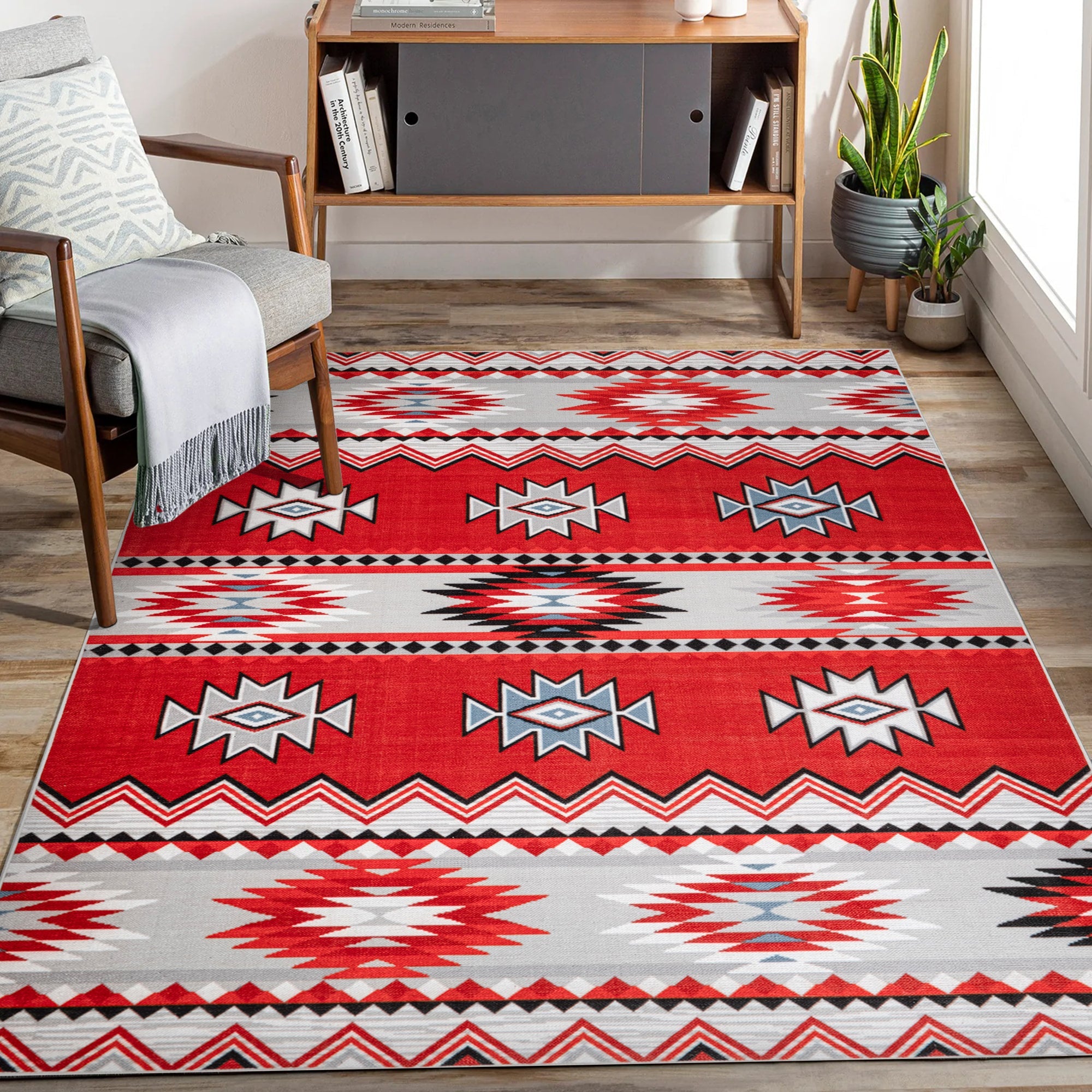Red Konya machine washable area rug 4' x 6' - styled in a living room
