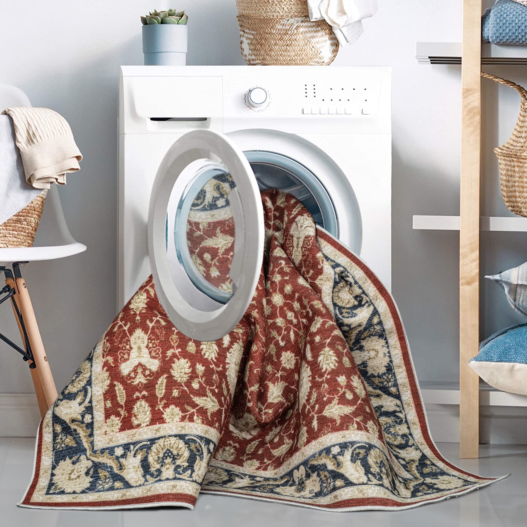 Red Konya machine washable area rug 2' x 3' - being cleaned