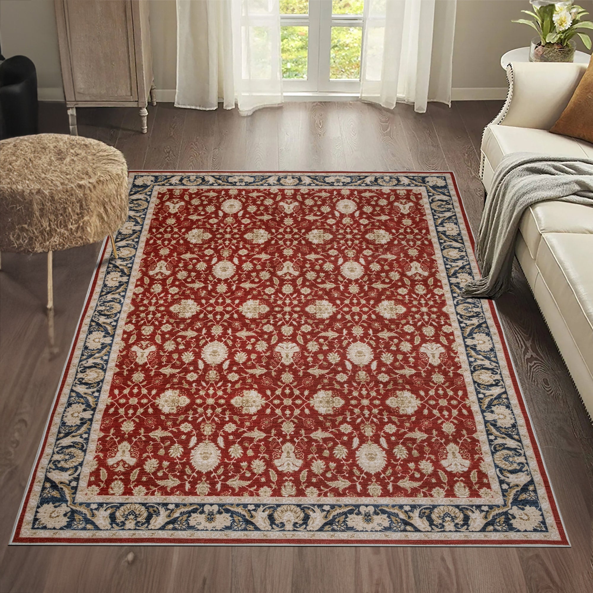 Red Konya machine washable area rug 2' x 3' - styled in a room setting