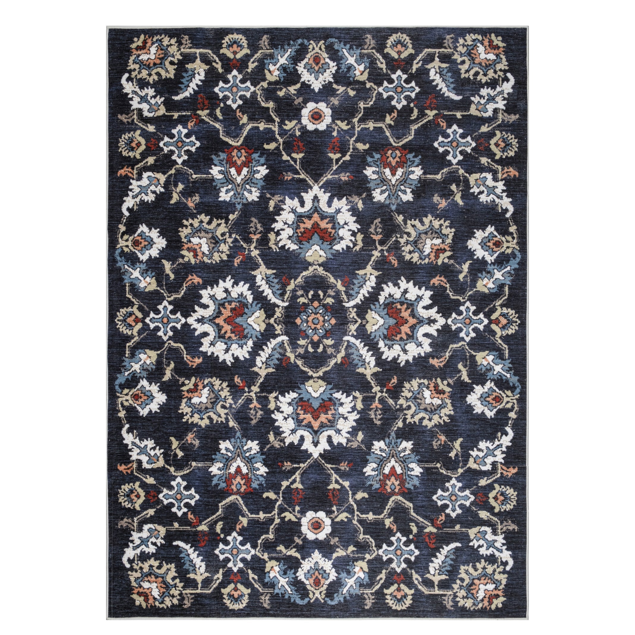 Navy Konya machine washable area rug 4' x 6' - flat overhead view