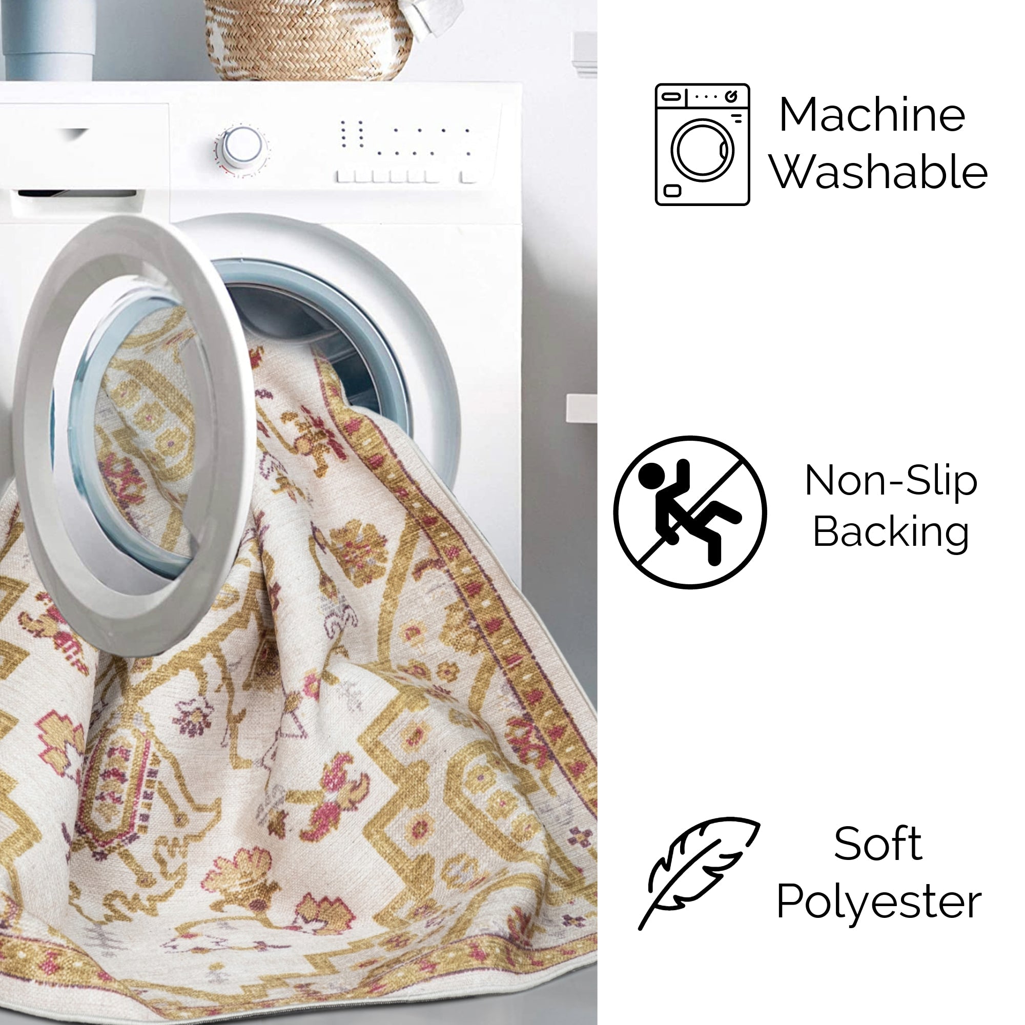 Ivory Konya machine washable area rug 4' x 6' - machine washable, made in Turkey, non-slip backing