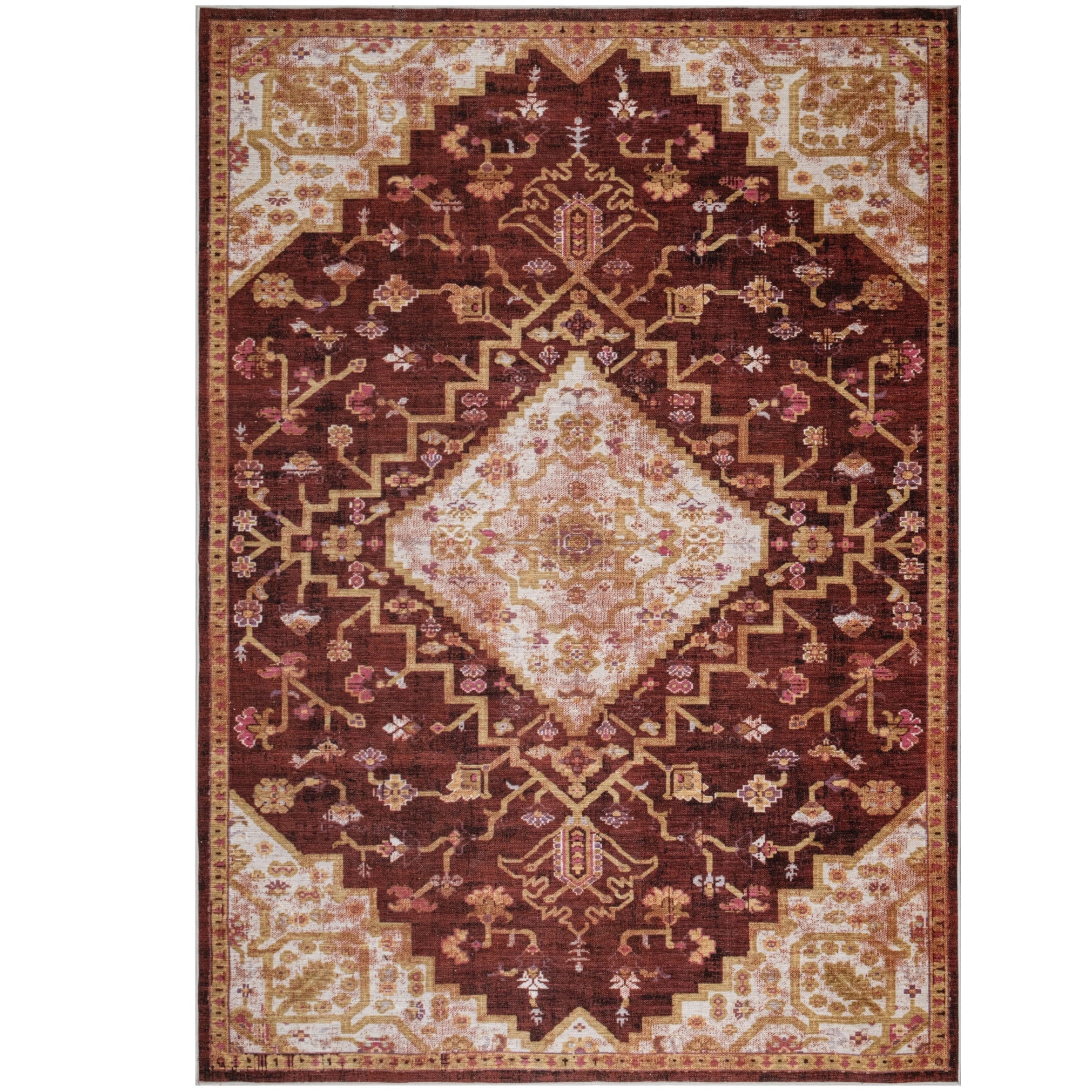 Red Konya machine washable area rug 4' x 6' - flat overhead view