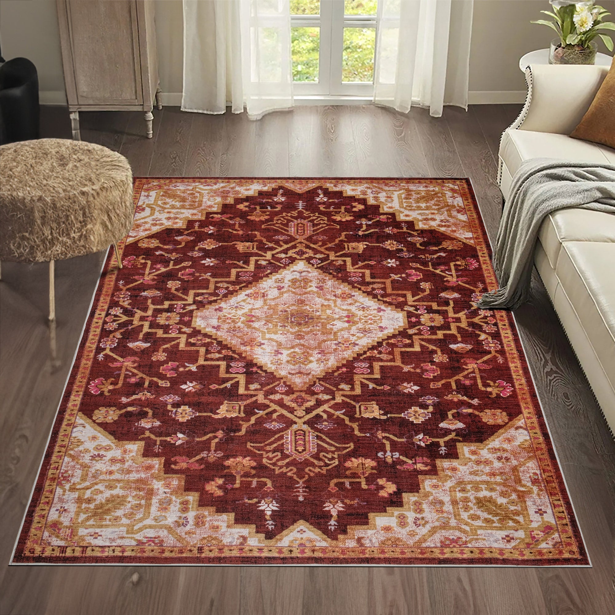 Red Konya machine washable area rug 4' x 6' - styled in a room setting