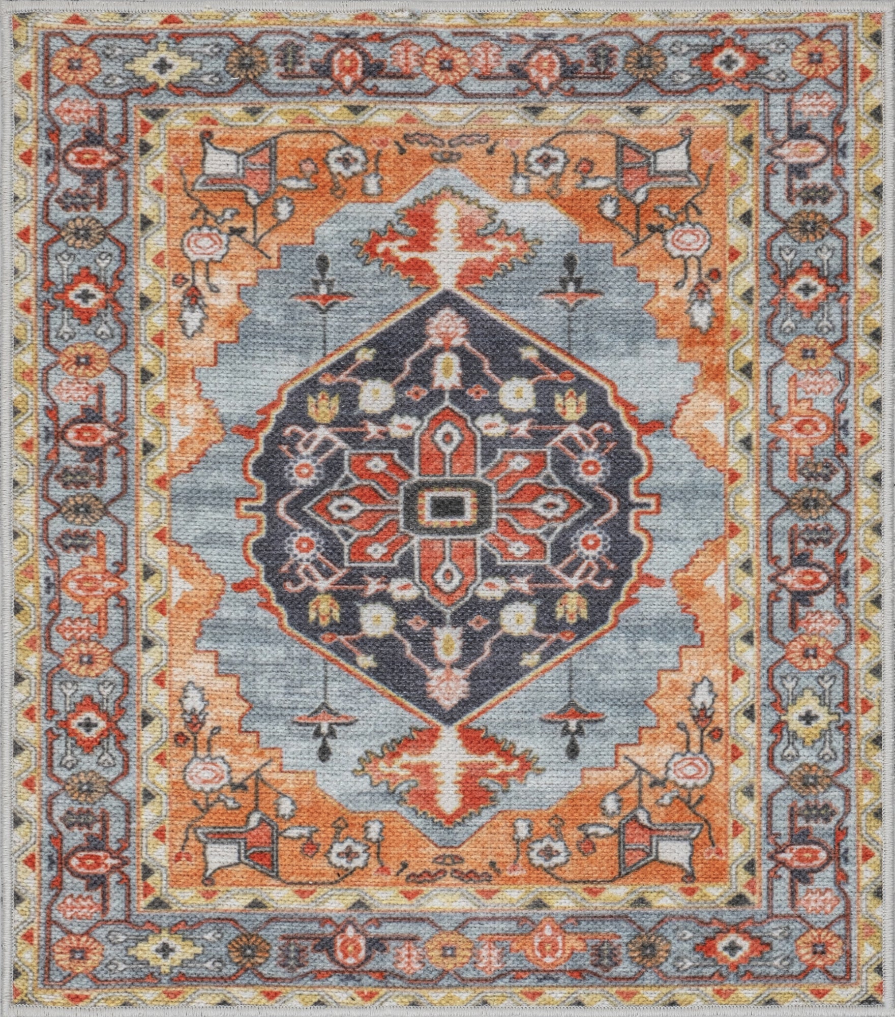 Orange Konya machine washable area rug 2' x 3' - flat overhead view
