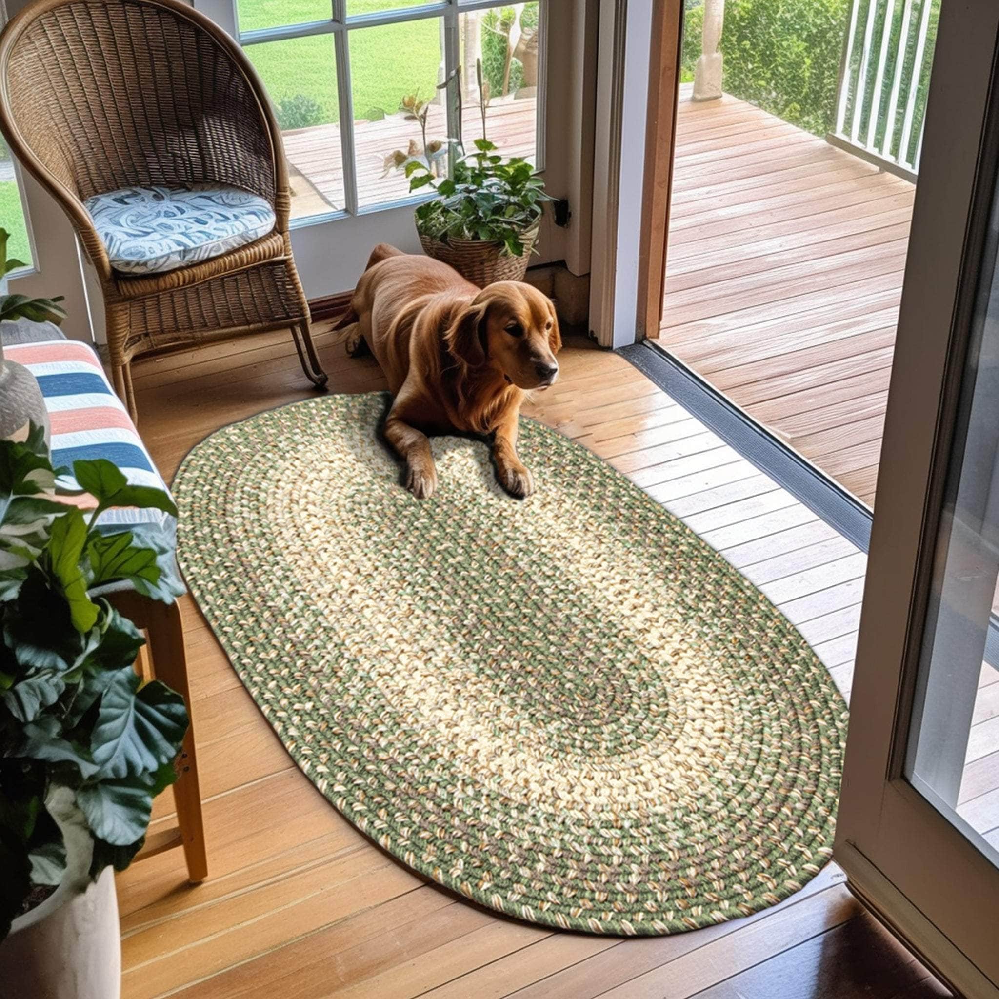 Green Braided Rug for Farmhouse Kitchens, Living Rooms & Interior Spaces - Made in USA - Premium Quality Ridgewood