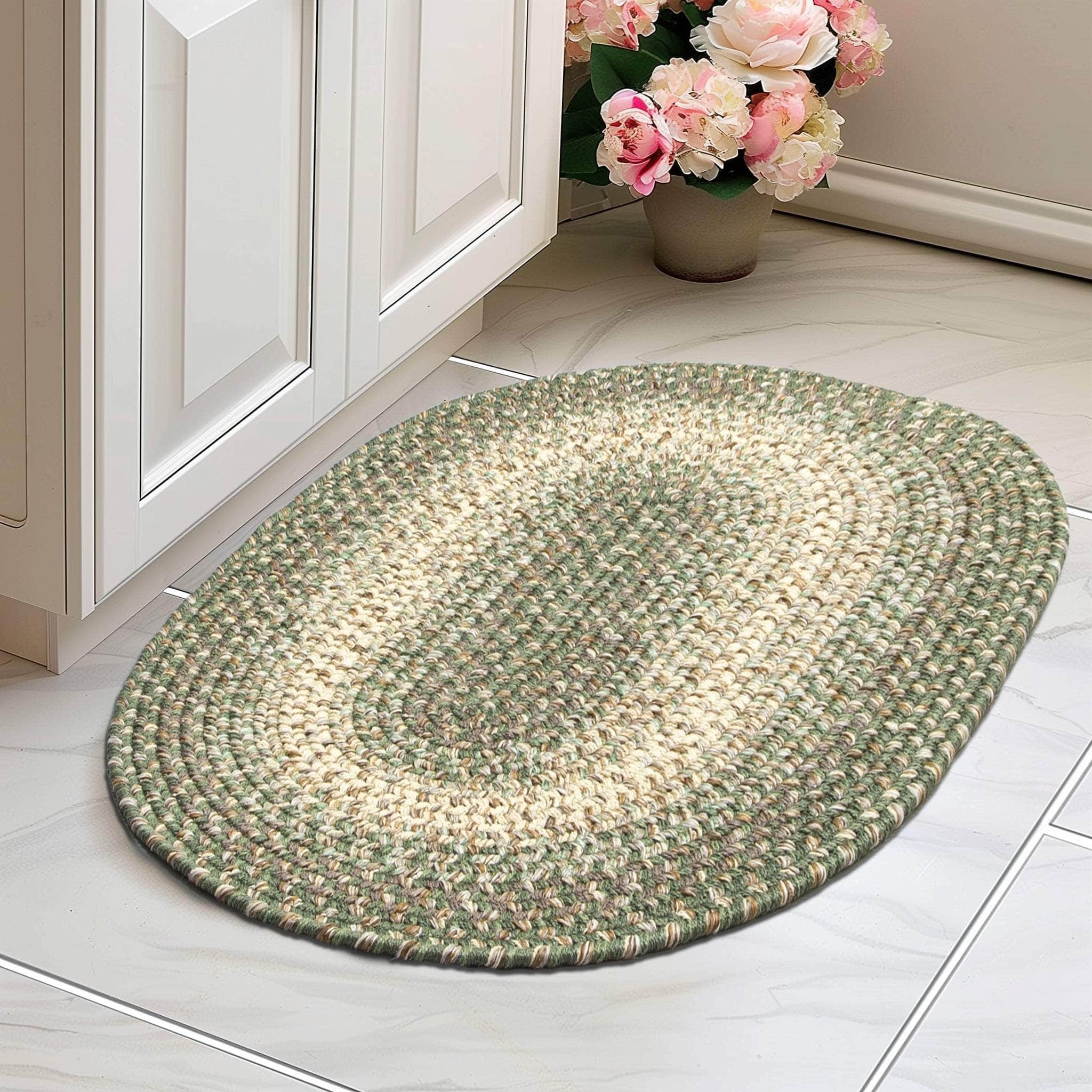 Green Braided Rug for Farmhouse Kitchens, Living Rooms & Interior Spaces - Made in USA - Premium Quality