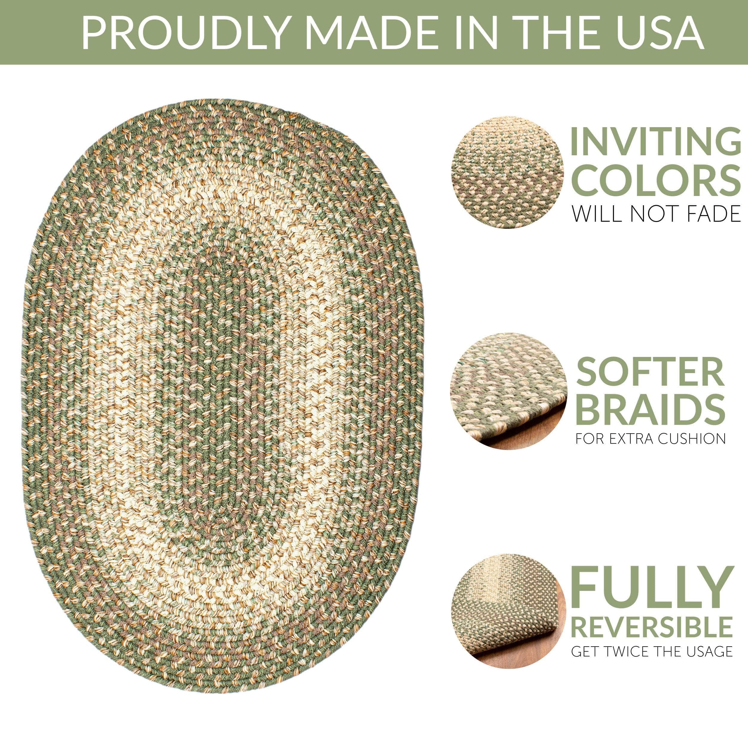 Green Braided Rug for Farmhouse Kitchens, Living Rooms & Interior Spaces - Made in USA - Premium Quality