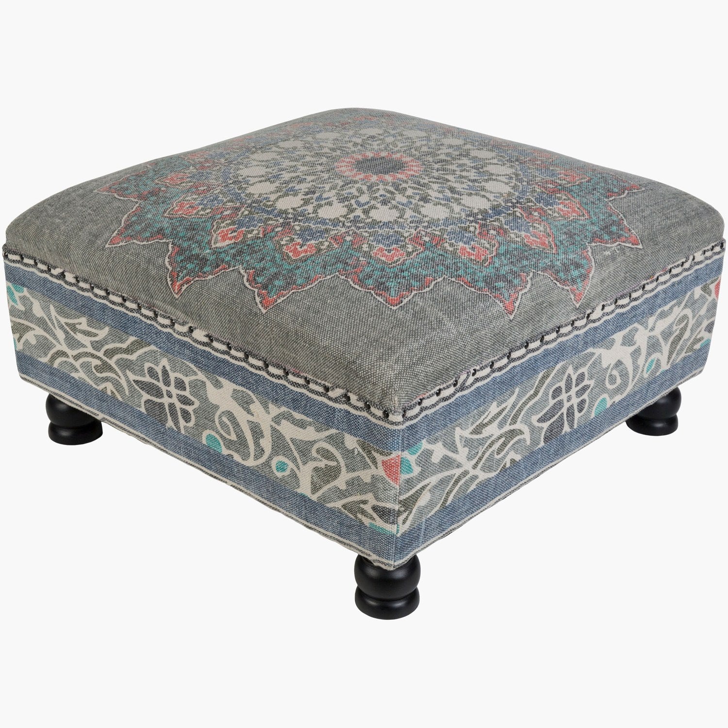 Surat Ottoman in Charcoal & Denim & Red & Aqua & Ivory & Black