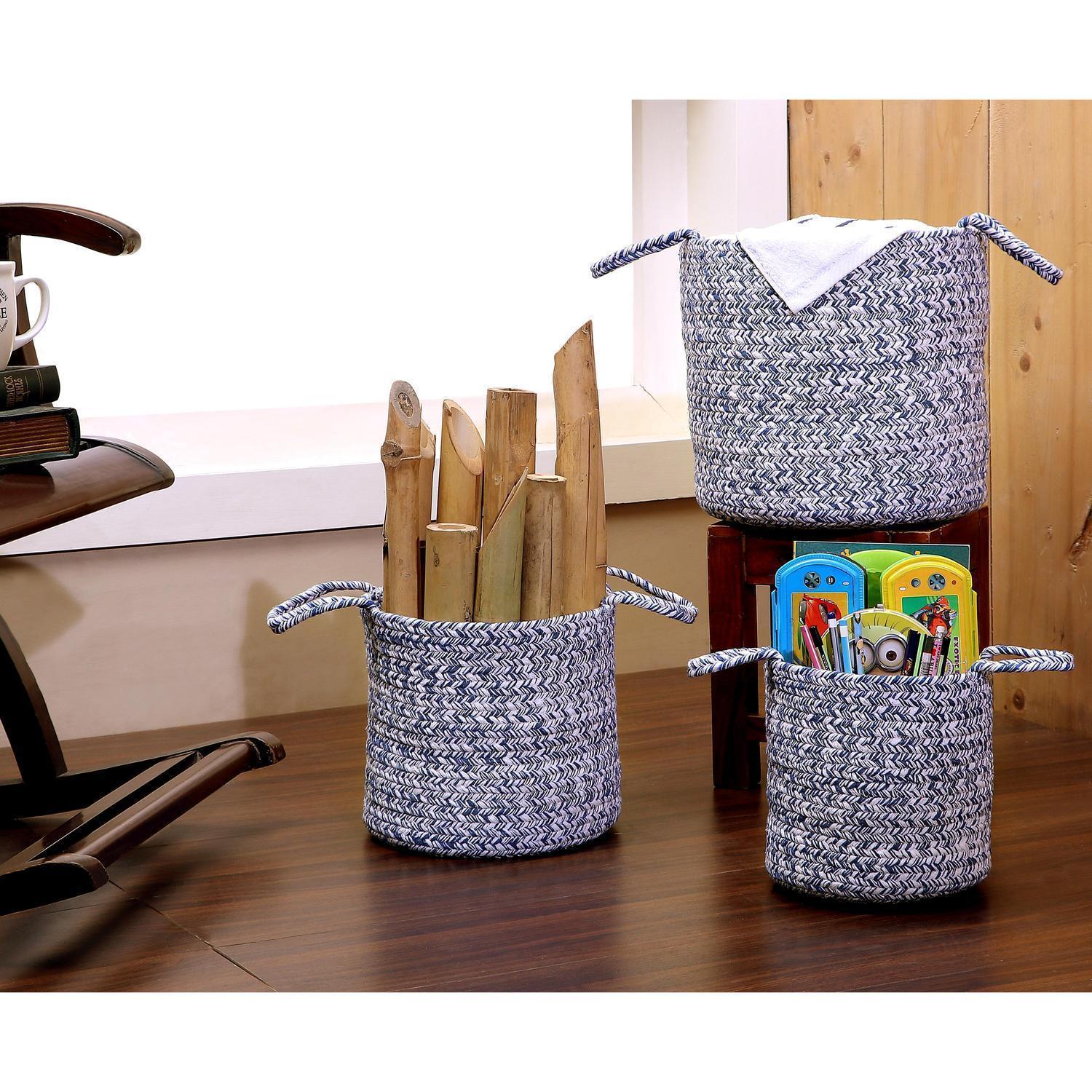 Farmhouse Cotton Braided Storage Basket Set (8-inch, 10-inch, 12-inch) #color_blue