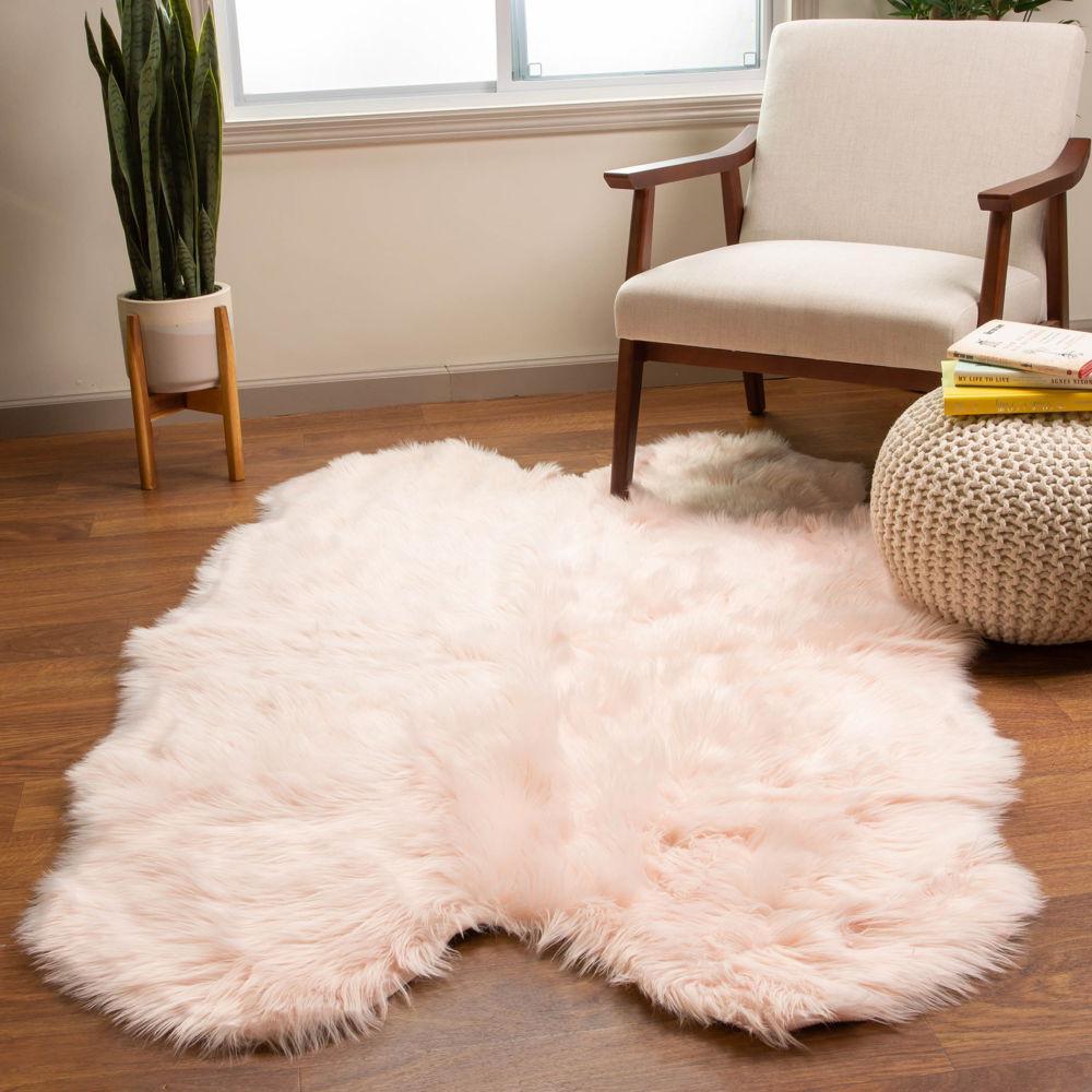 Soft Faux Sheepskin Fur Fluffy Area Rug in Pink #color_pink