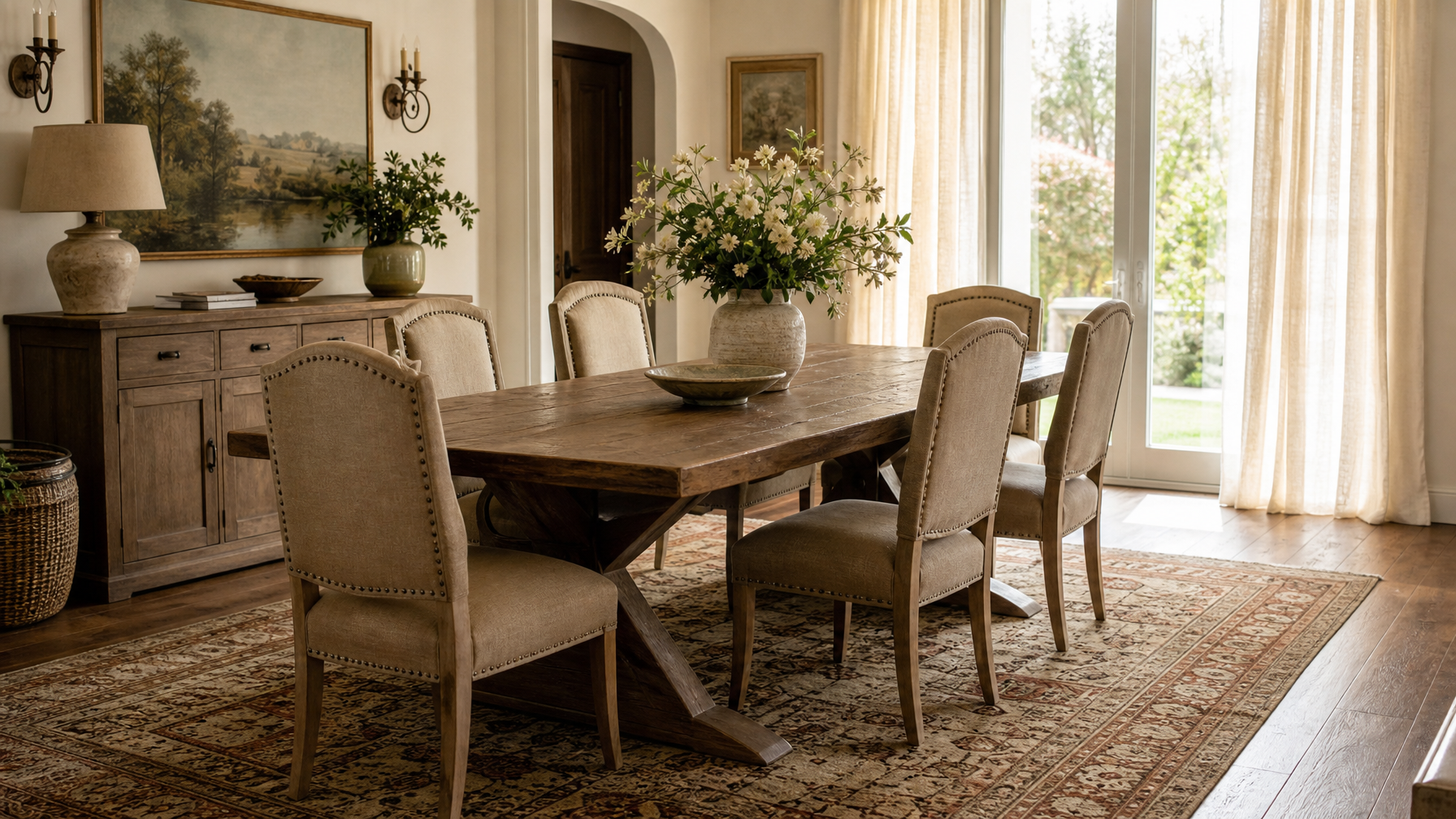 Beautifully styled dining room with a warm earth-tone area rug under a wooden farmhouse dining table