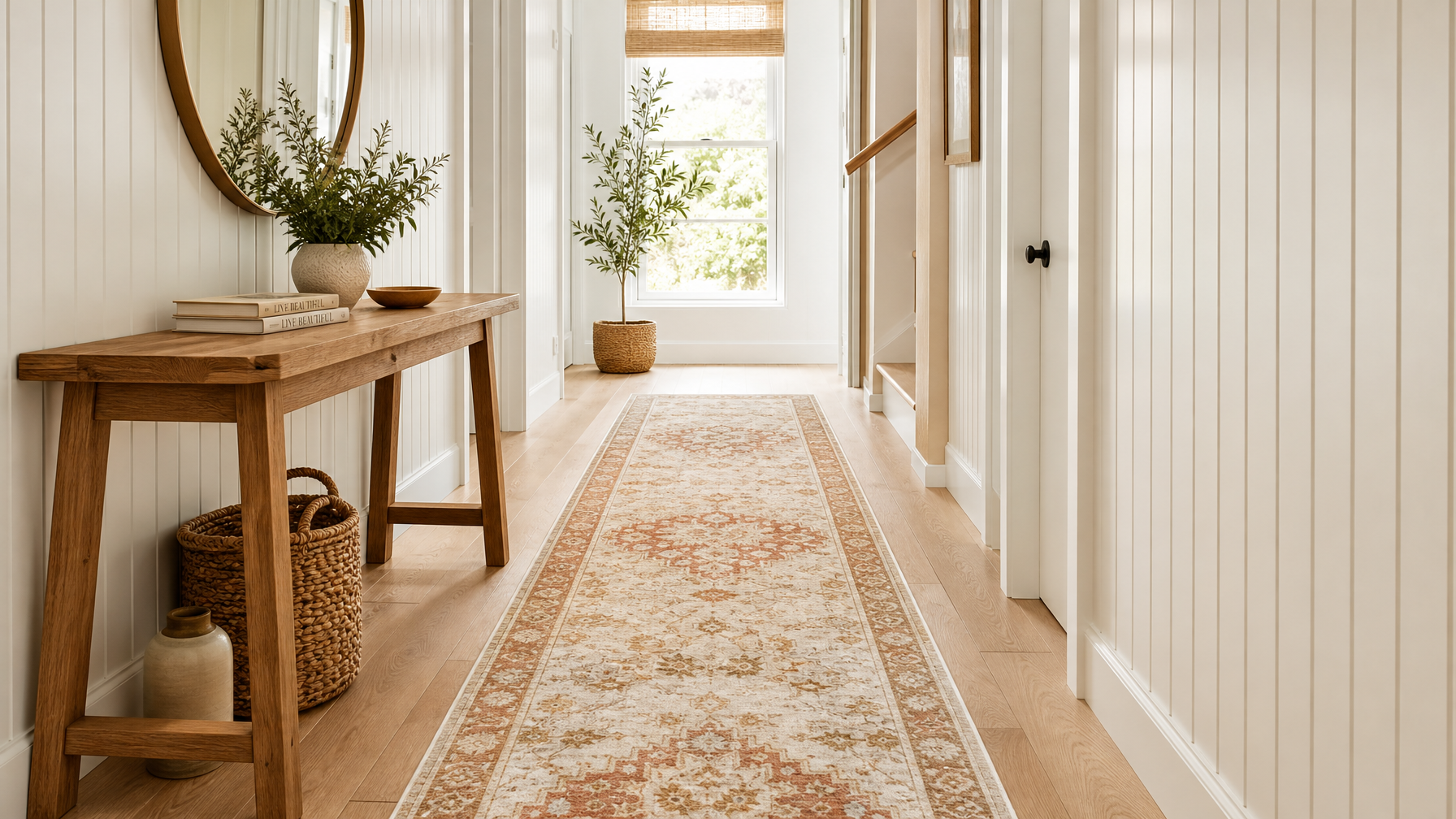 Washable runner rug in a bright hallway with warm earth tones and natural light