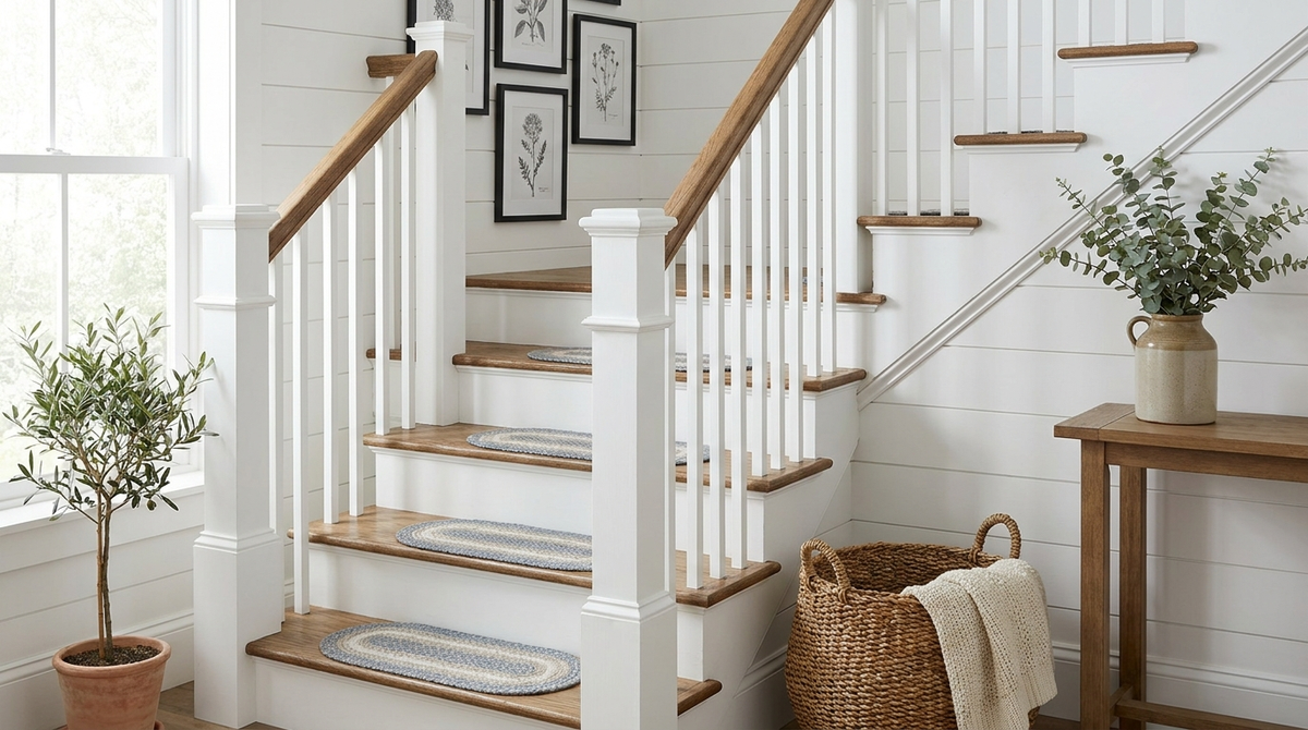 Oval braided wool stair treads on oak steps of a white farmhouse staircase, an alternative to a stair runner rug