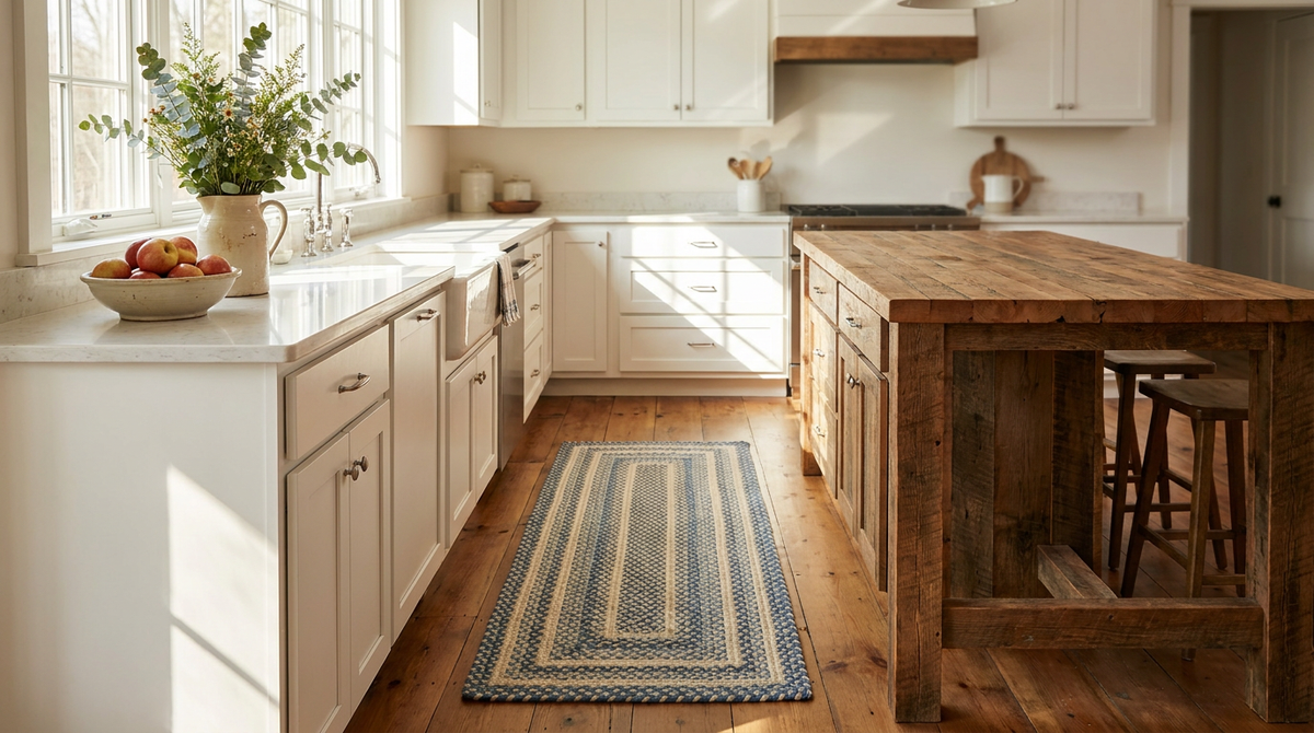Navy and cream braided kitchen runner rug on wood floor in a bright farmhouse kitchen with white cabinets