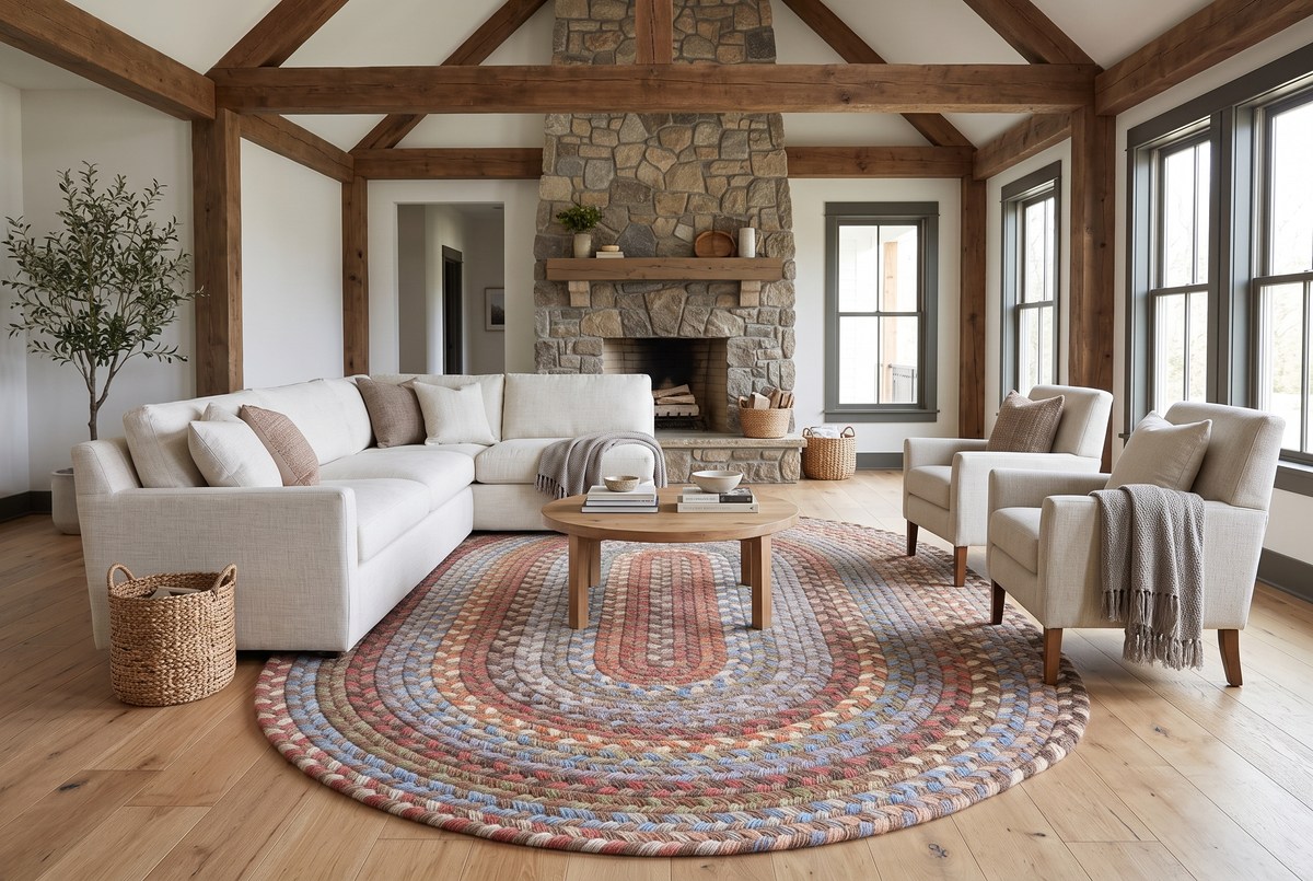 Oversized oval multicolor braided wool rug anchoring a sectional and armchairs in a large great room