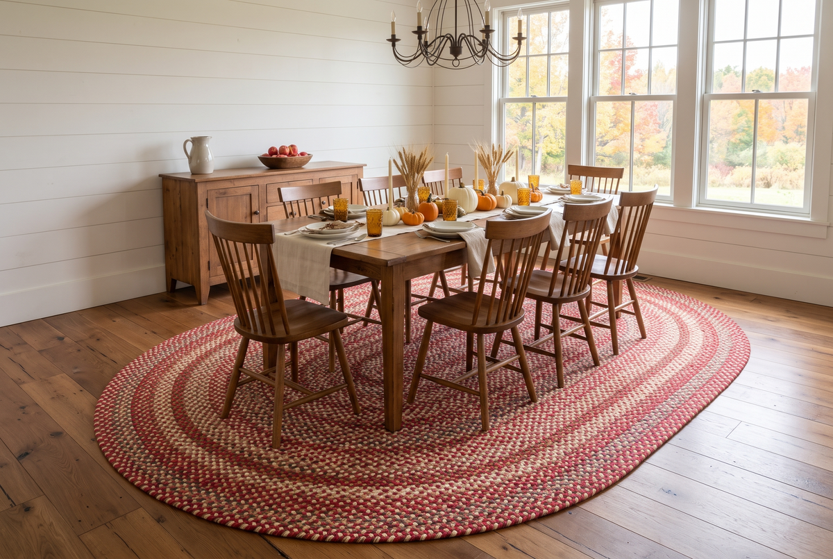 Thanksgiving dining room with a red oval braided rug under a farmhouse table set with pumpkins