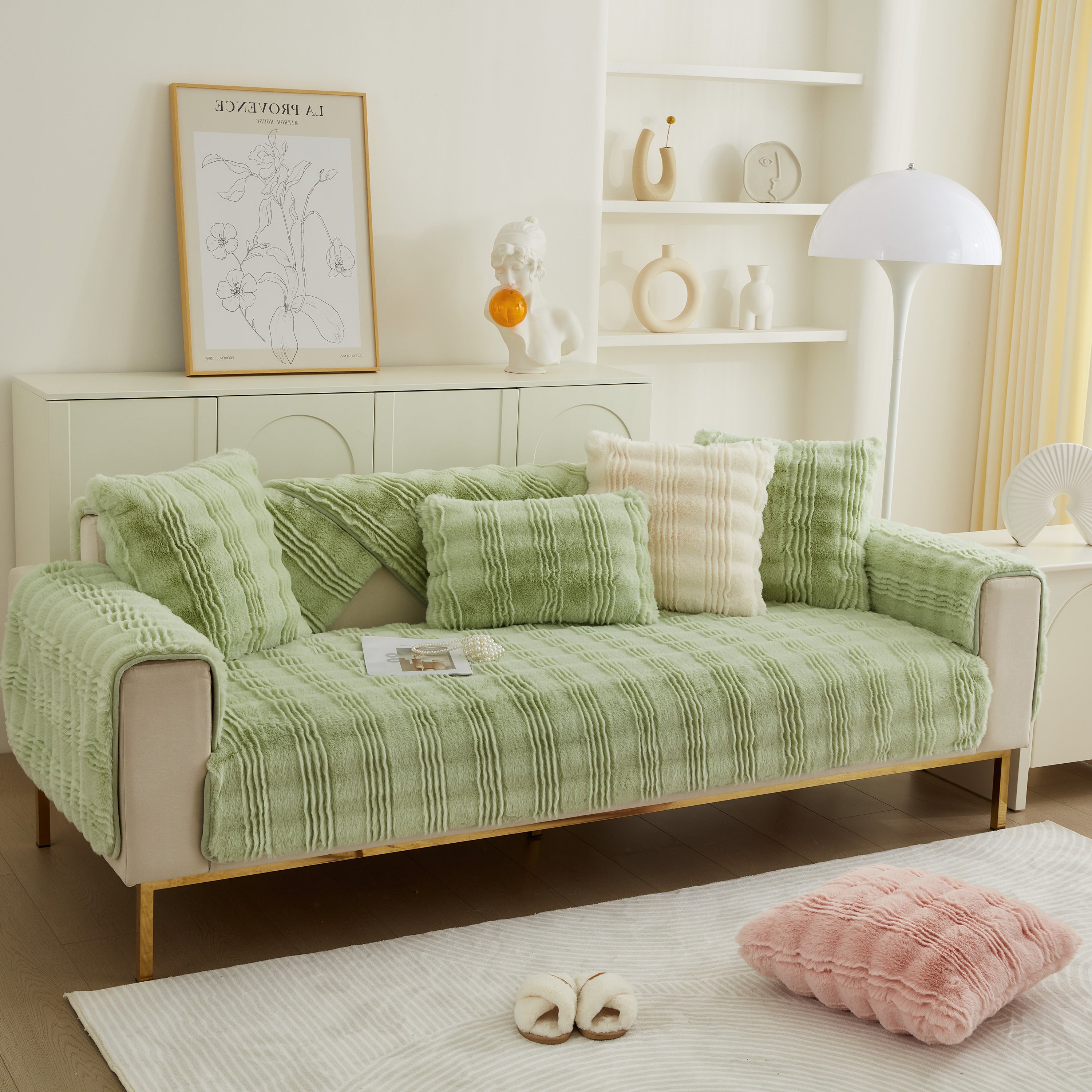 Soft Thick Faux Fur Sofa Cover Stripe Fluffy Fuzzy Non-Slip Washable Couch Covers