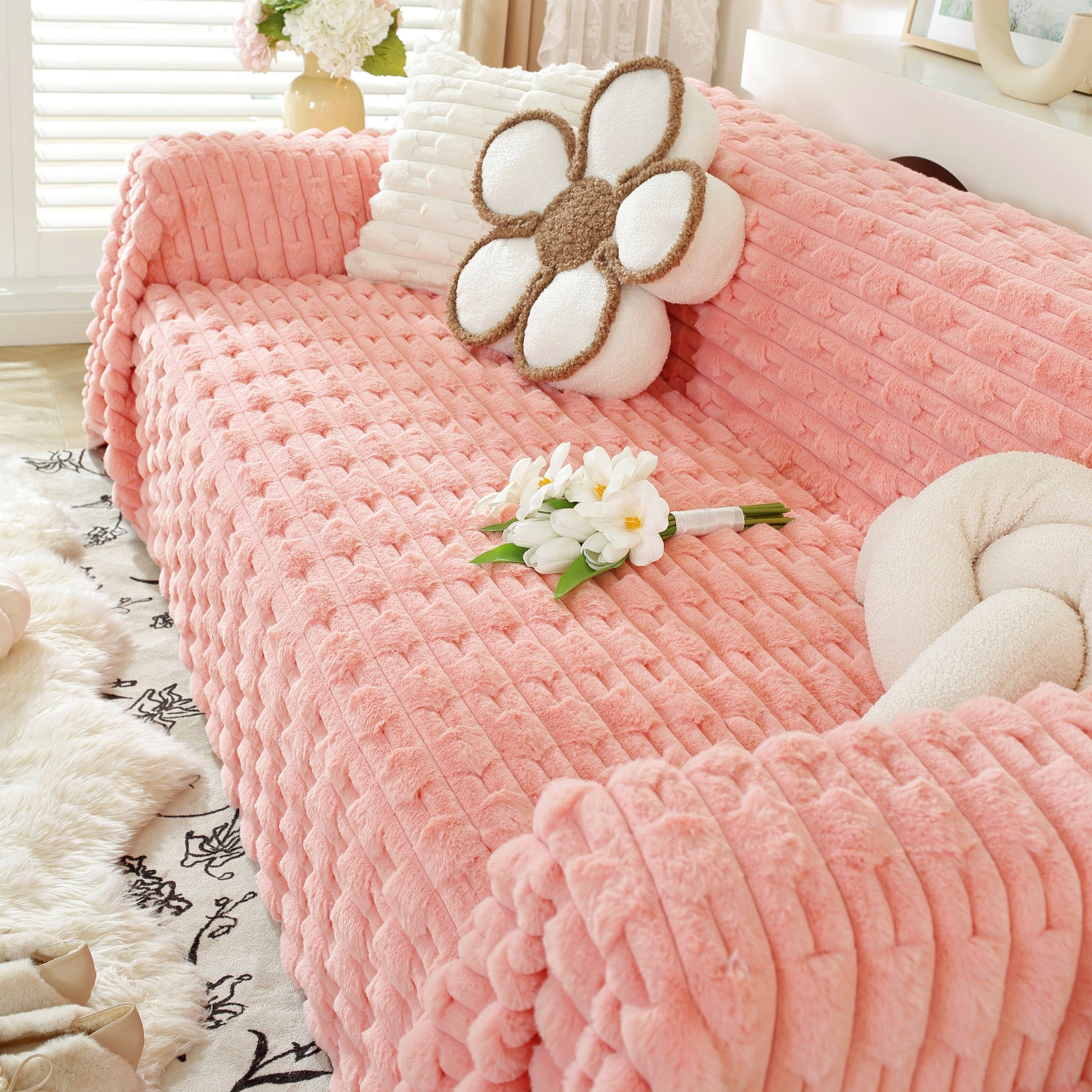 Fluffy Faux Fur Couch Cover Plush Sofa Throw, Warm & Stylish Sofa Protector