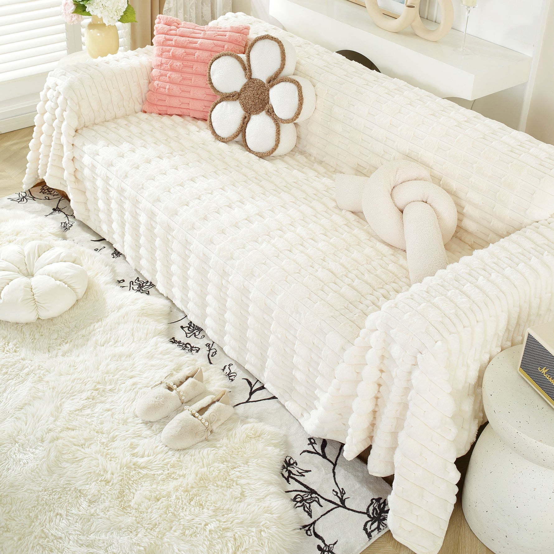 Fluffy Faux Fur Couch Cover Plush Sofa Throw, Warm & Stylish Sofa Protector