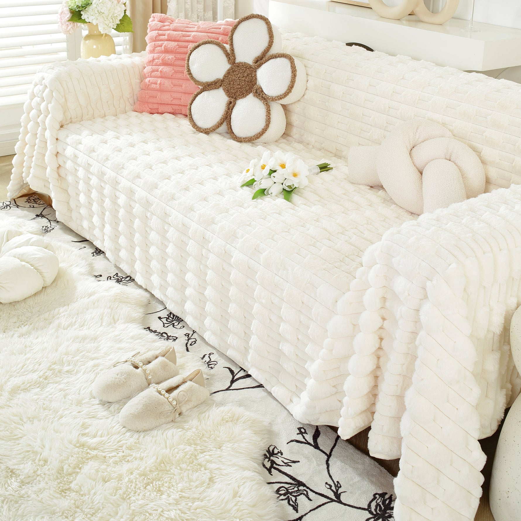 Fluffy Faux Fur Couch Cover Plush Sofa Throw, Warm & Stylish Sofa Protector