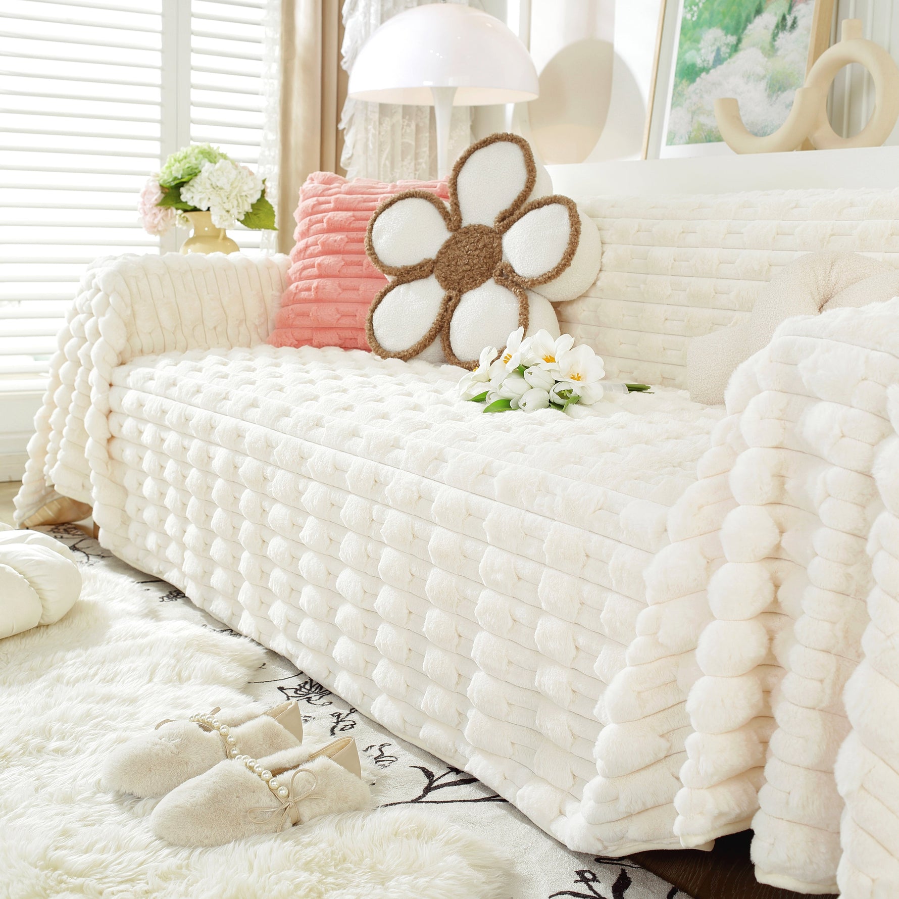 Fluffy Faux Fur Couch Cover Plush Sofa Throw, Warm & Stylish Sofa Protector