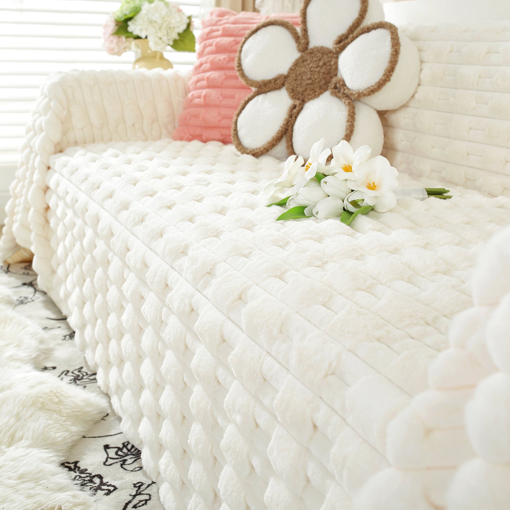 Fluffy Faux Fur Couch Cover Plush Sofa Throw, Warm & Stylish Sofa Protector