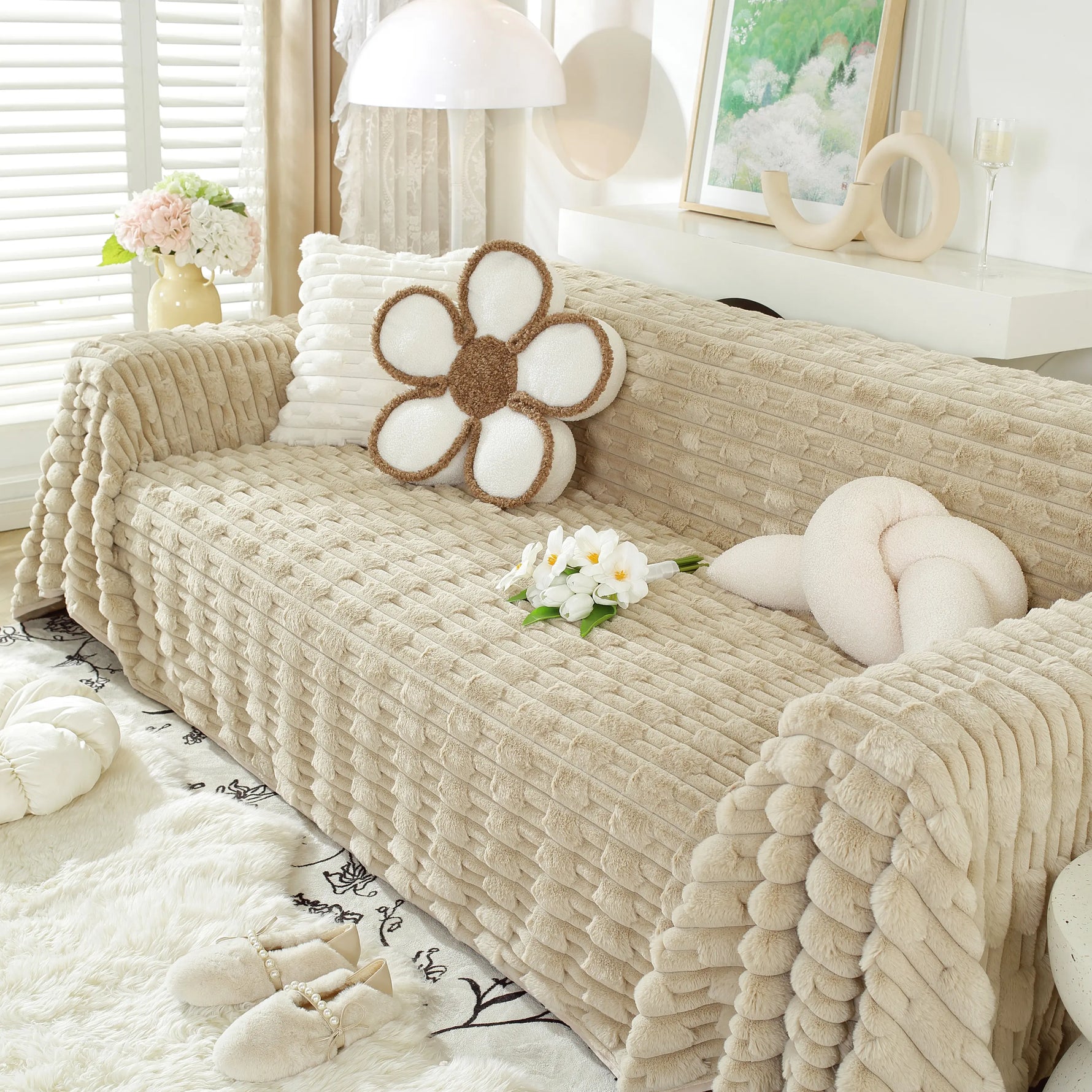 Fluffy Faux Fur Couch Cover Plush Sofa Throw, Warm & Stylish Sofa Protector