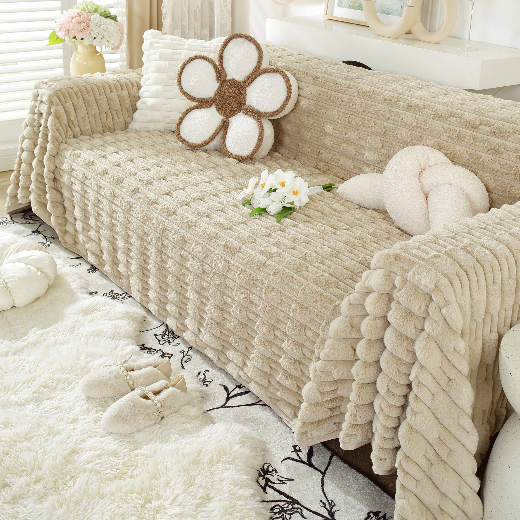 Fluffy Faux Fur Couch Cover Plush Sofa Throw, Warm & Stylish Sofa Protector