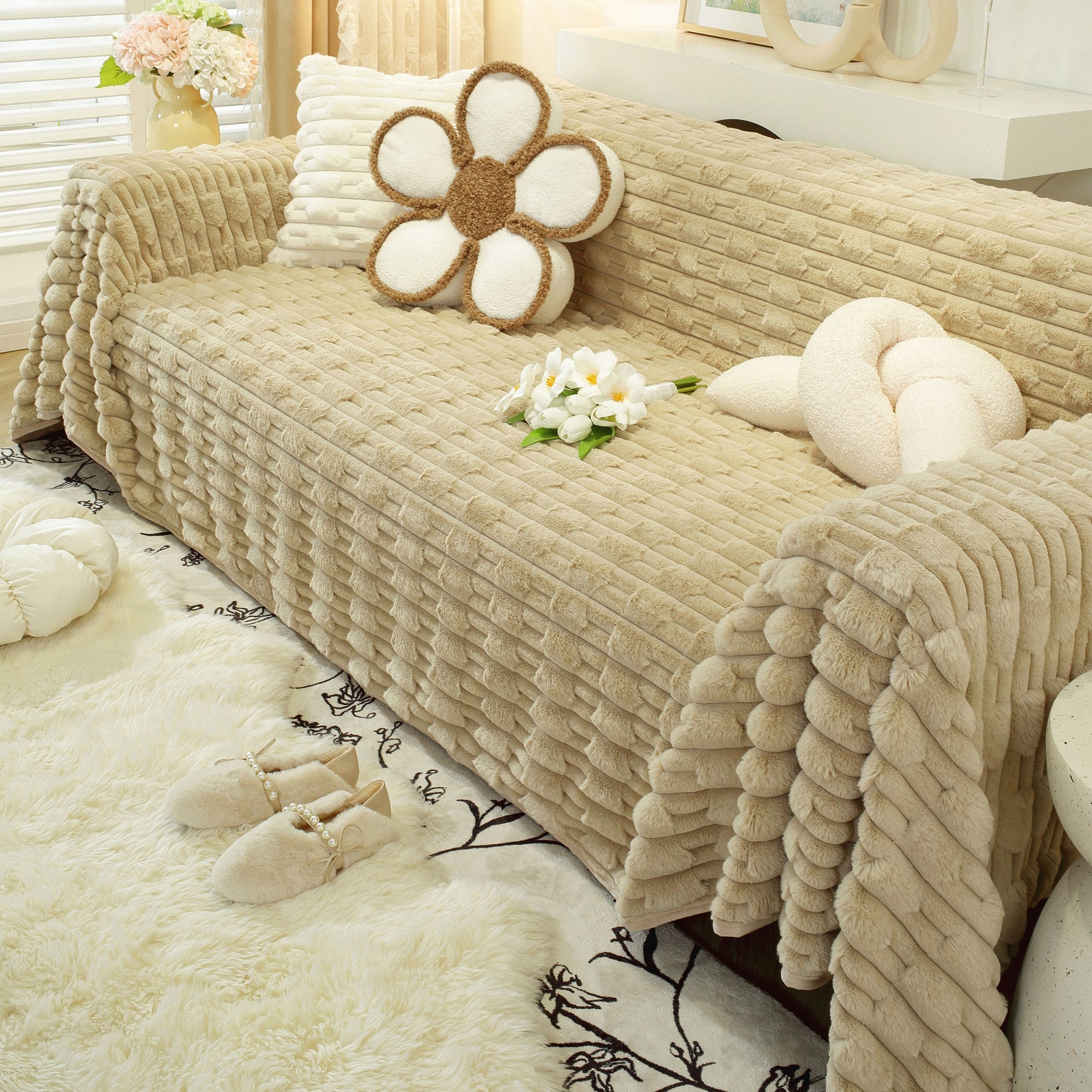 Fluffy Faux Fur Couch Cover Plush Sofa Throw, Warm & Stylish Sofa Protector